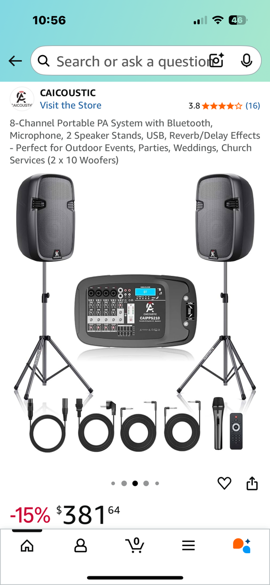 8-Channel Portable PA System with Bluetooth, Microphone, 2 Speaker Stands, USB, Reverb/Delay Effects
- Perfect for Outdoor Events, Parties, Weddings, Church Services (2 x 10 Woofers) (R676)