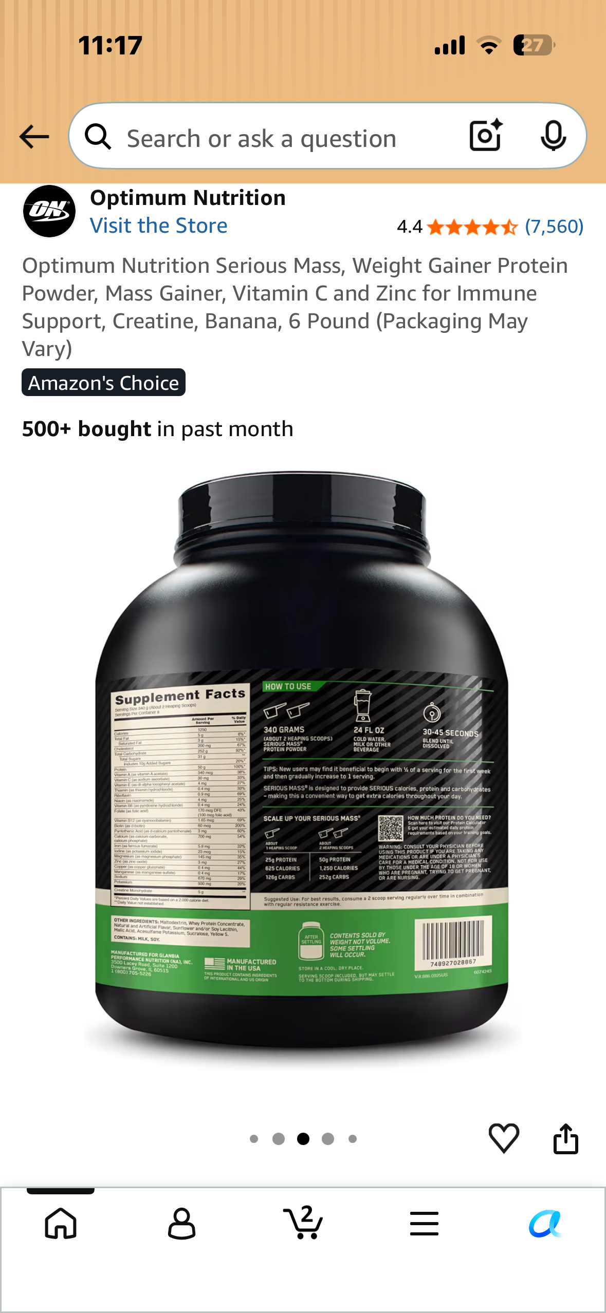 Optimum Nutrition Serious Mass, Weight Gainer Protein Powder, Mass Gainer, Vitamin C and Zinc for Immune Support, Creatine, Banana, 6 Pound