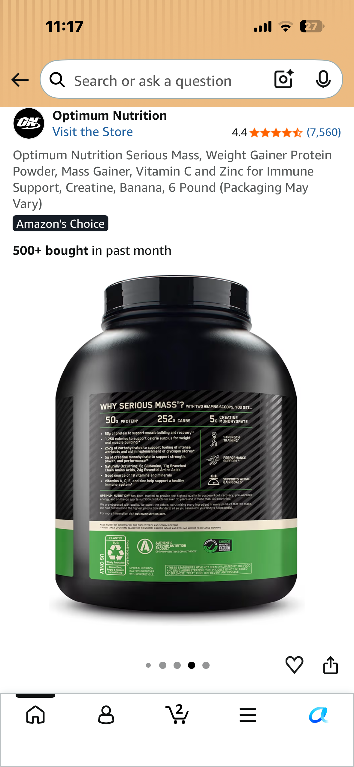 Optimum Nutrition Serious Mass, Weight Gainer Protein Powder, Mass Gainer, Vitamin C and Zinc for Immune Support, Creatine, Banana, 6 Pound