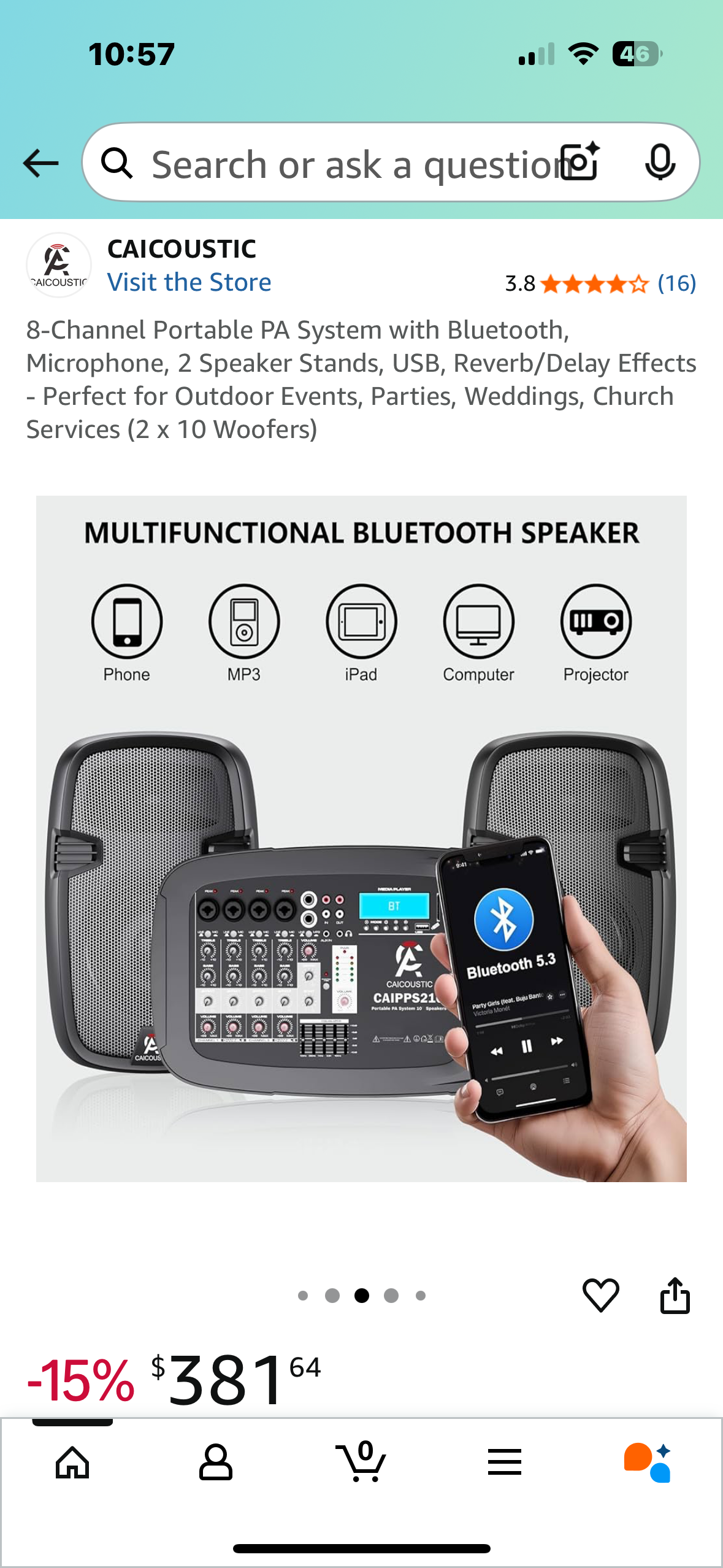 8-Channel Portable PA System with Bluetooth, Microphone, 2 Speaker Stands, USB, Reverb/Delay Effects
- Perfect for Outdoor Events, Parties, Weddings, Church Services (2 x 10 Woofers) (R676)