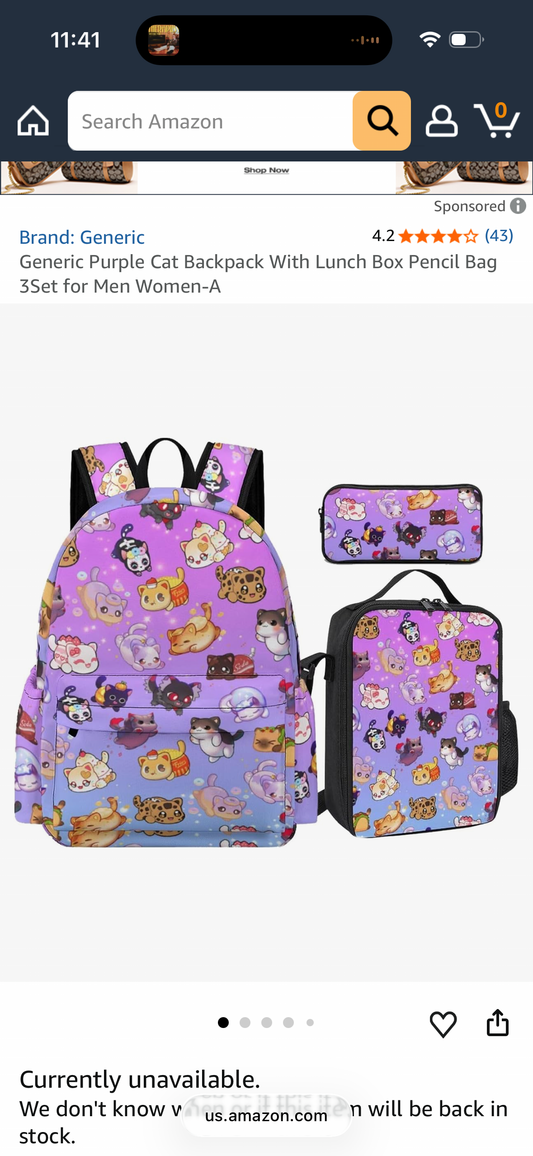 Purple Cat Backpack With Lunch Box Pencil Bag 3Set for Men Women-A