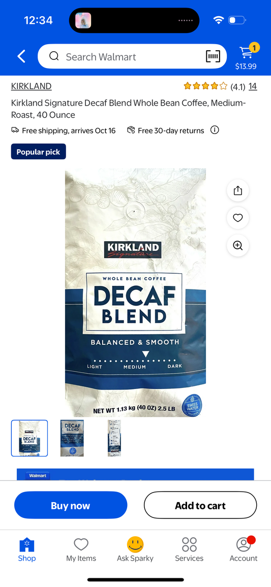 Kirkland Signature Decaf Blend Whole Bean Coffee, Medium-Roast, 40 Ounce