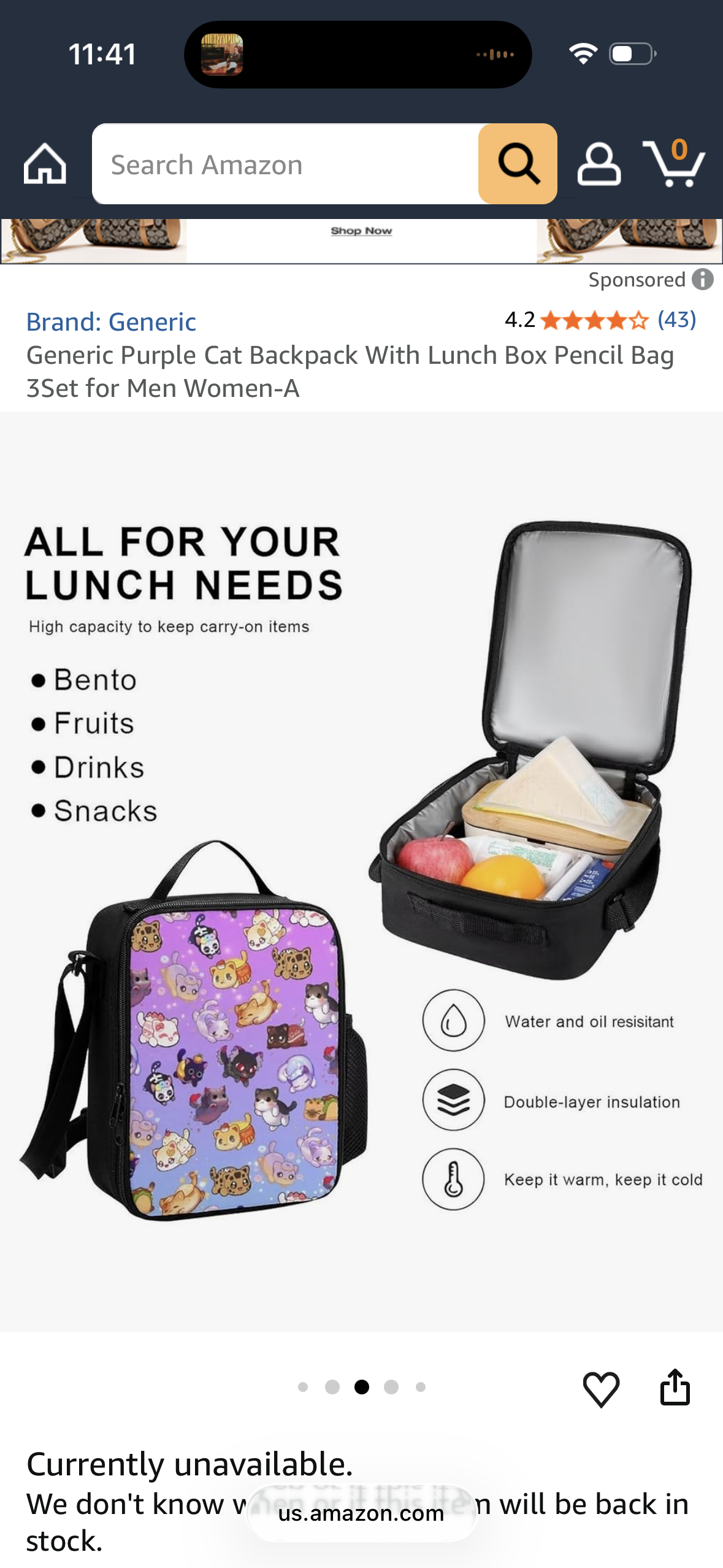 Purple Cat Backpack With Lunch Box Pencil Bag 3Set for Men Women-A