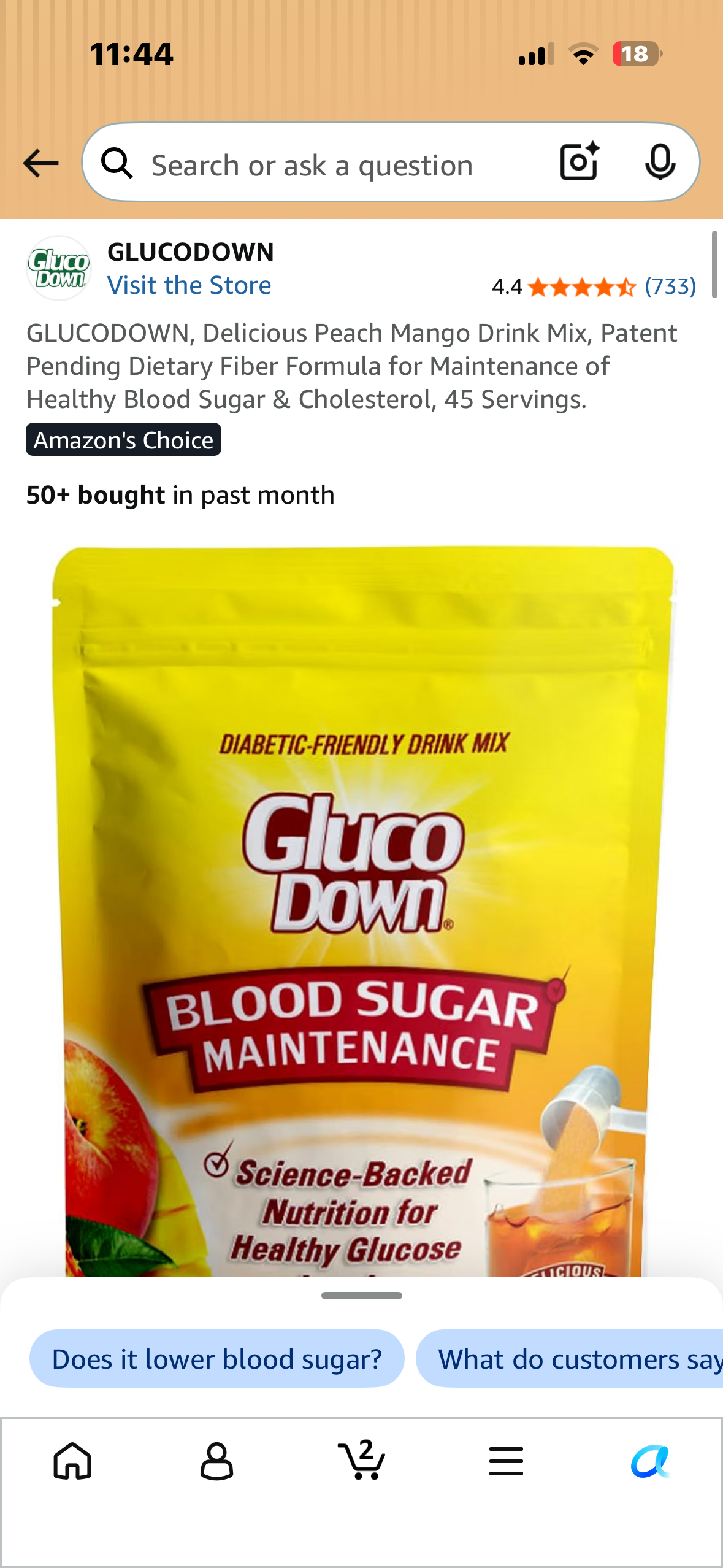 GLUCODOWN, Delicious Peach Mango Drink Mix, Patent Pending Dietary Fiber Formula for Maintenance of Healthy Blood Sugar & Cholesterol, 45 Servings.