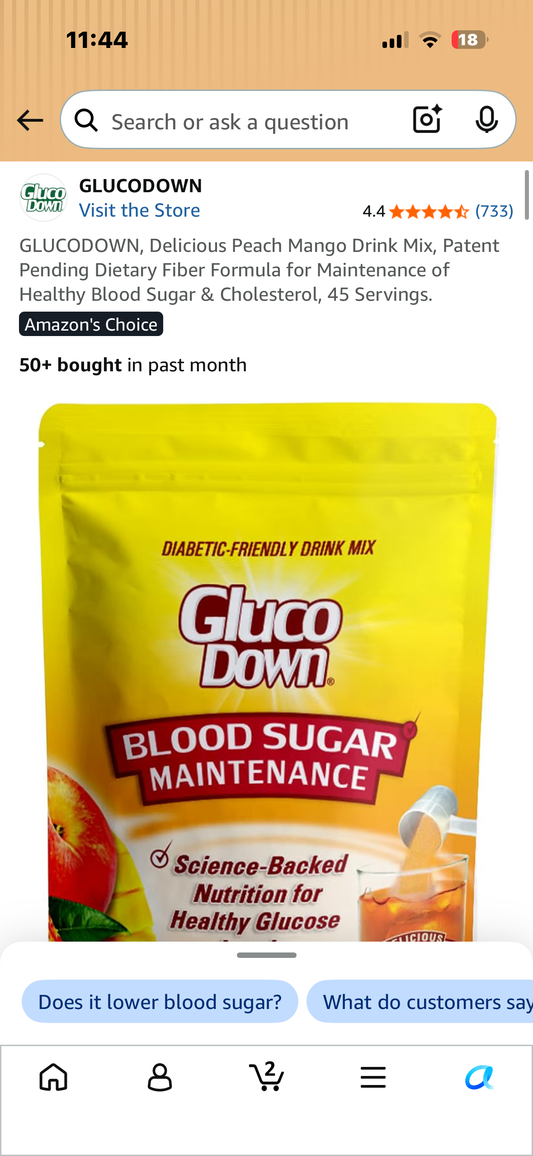 GLUCODOWN, Delicious Peach Mango Drink Mix, Patent Pending Dietary Fiber Formula for Maintenance of Healthy Blood Sugar & Cholesterol, 45 Servings.