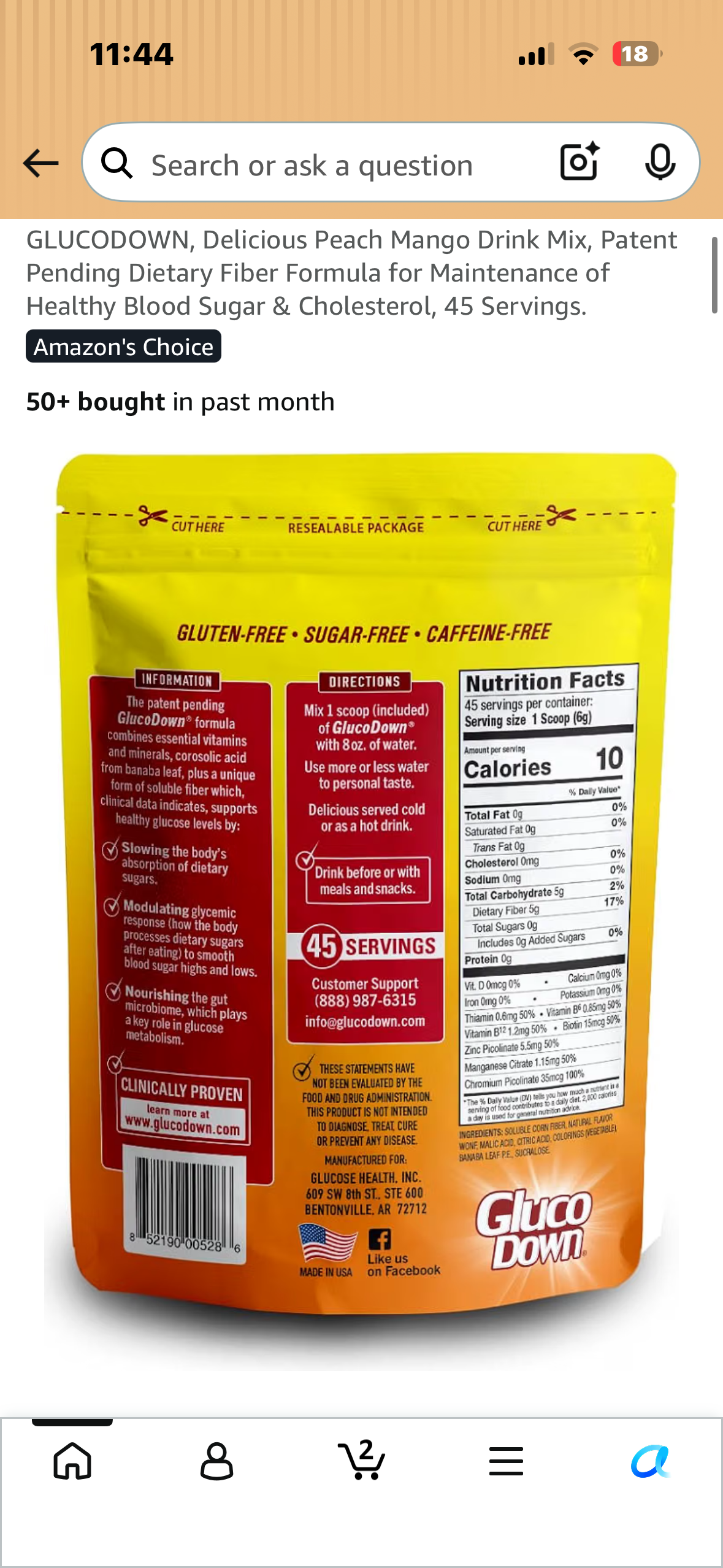 GLUCODOWN, Delicious Peach Mango Drink Mix, Patent Pending Dietary Fiber Formula for Maintenance of Healthy Blood Sugar & Cholesterol, 45 Servings.