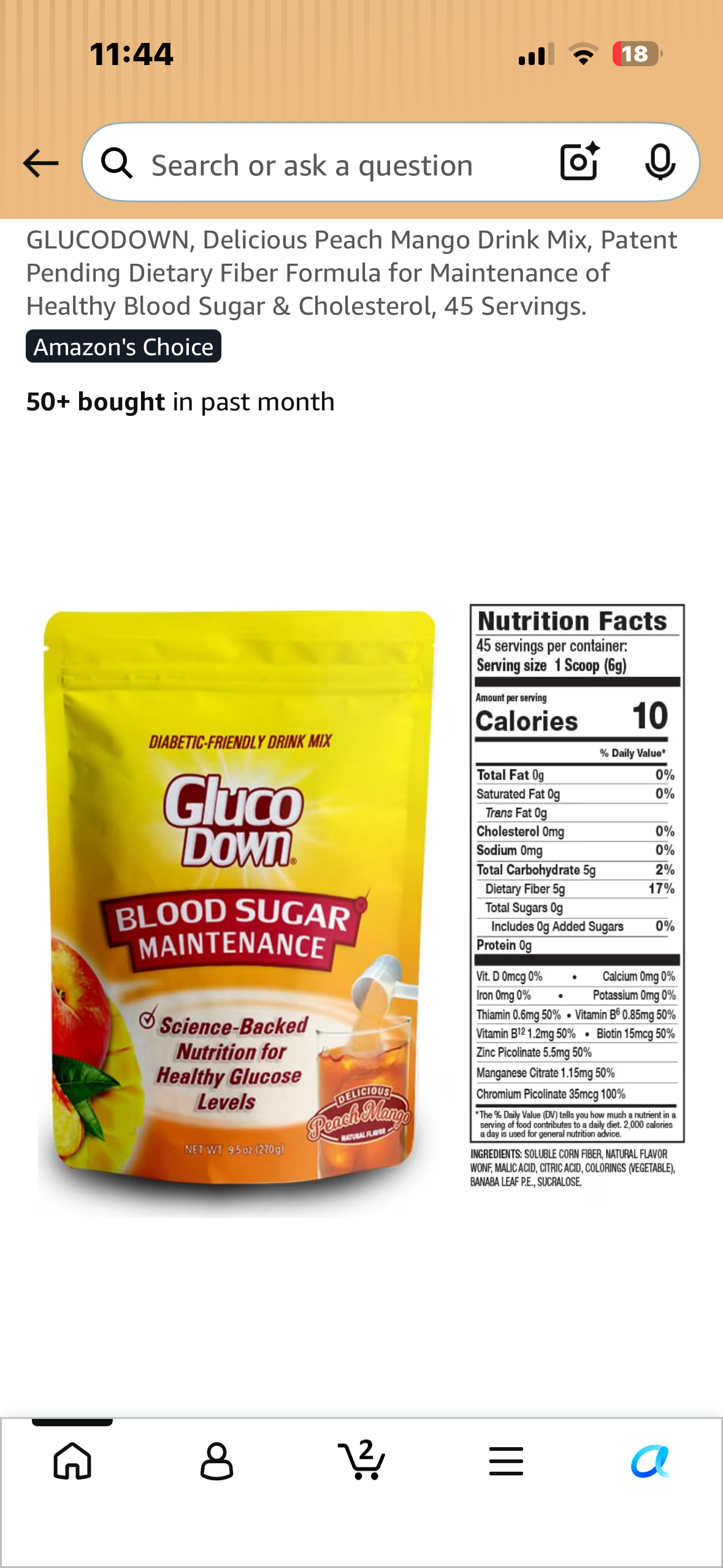 GLUCODOWN, Delicious Peach Mango Drink Mix, Patent Pending Dietary Fiber Formula for Maintenance of Healthy Blood Sugar & Cholesterol, 45 Servings.