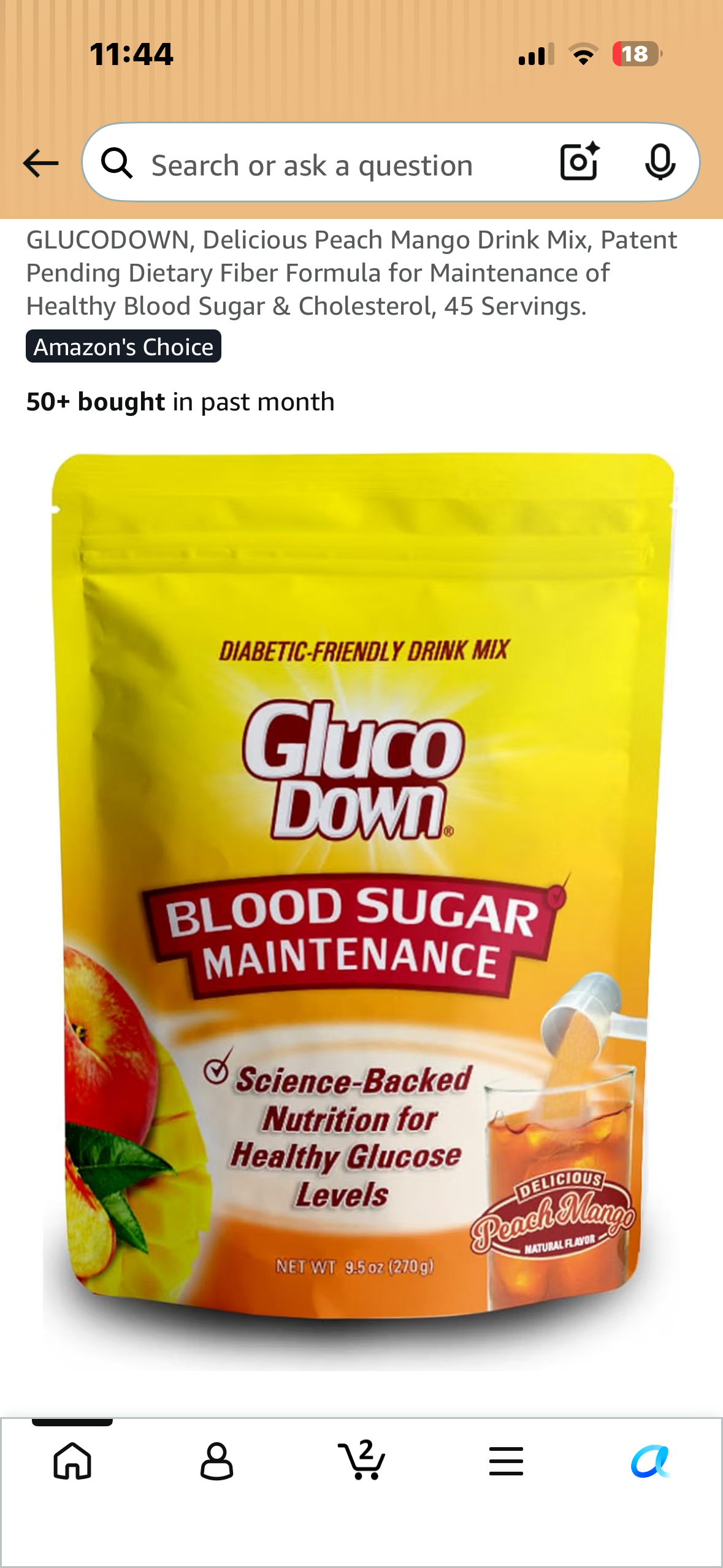 GLUCODOWN, Delicious Peach Mango Drink Mix, Patent Pending Dietary Fiber Formula for Maintenance of Healthy Blood Sugar & Cholesterol, 45 Servings.