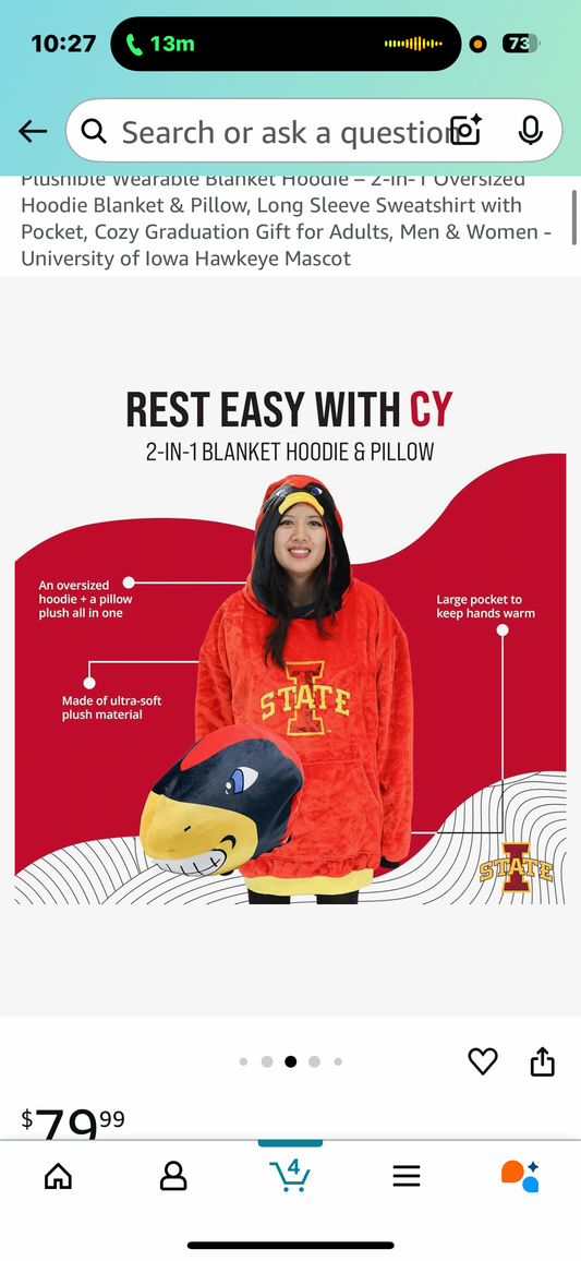 Plushible Wearable Blanket Hoodie – 2-in-1 Oversized Hoodie Blanket & Pillow, Long Sleeve Sweatshirt with Pocket, Cozy Graduation Gift for Adults, Men & Women - University of Iowa Hawkeye Mascot