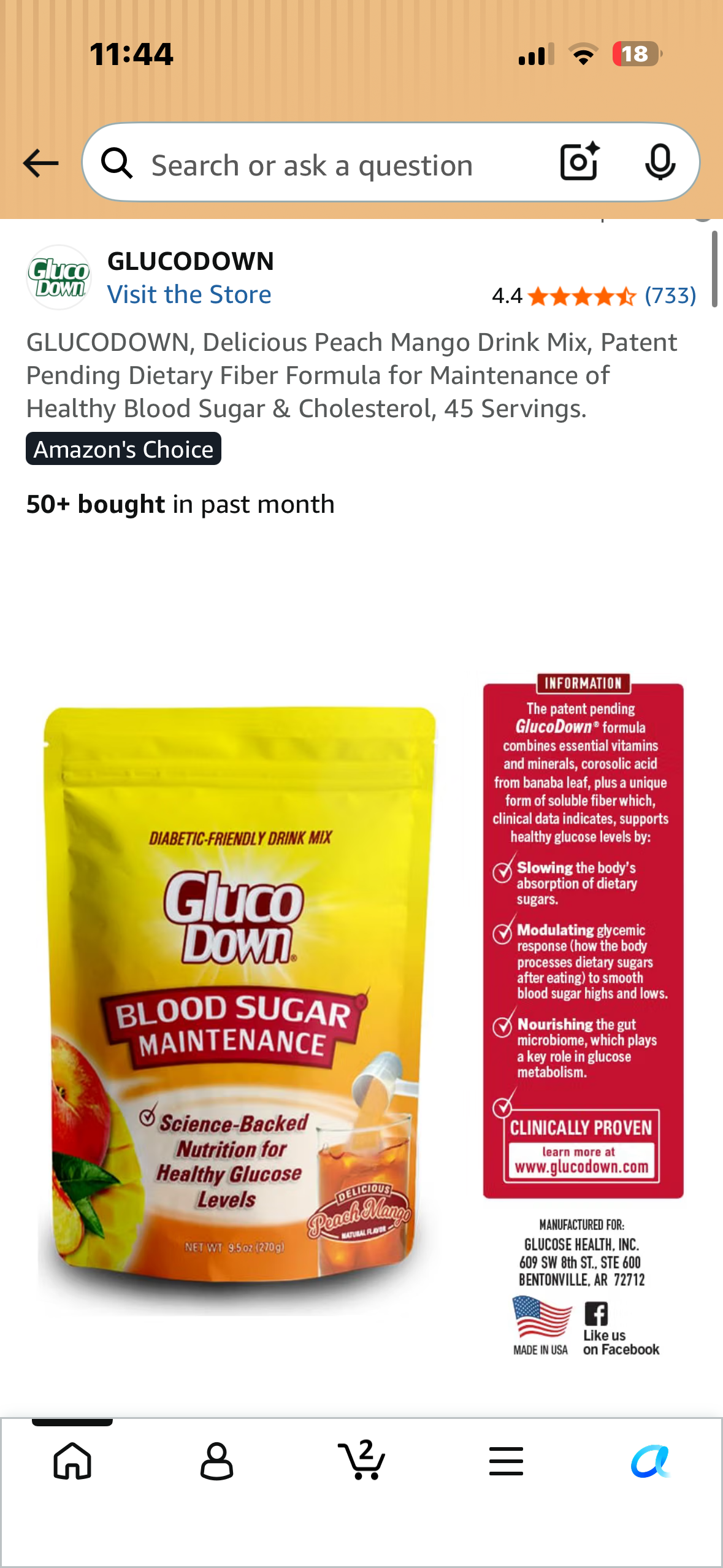 GLUCODOWN, Delicious Peach Mango Drink Mix, Patent Pending Dietary Fiber Formula for Maintenance of Healthy Blood Sugar & Cholesterol, 45 Servings.