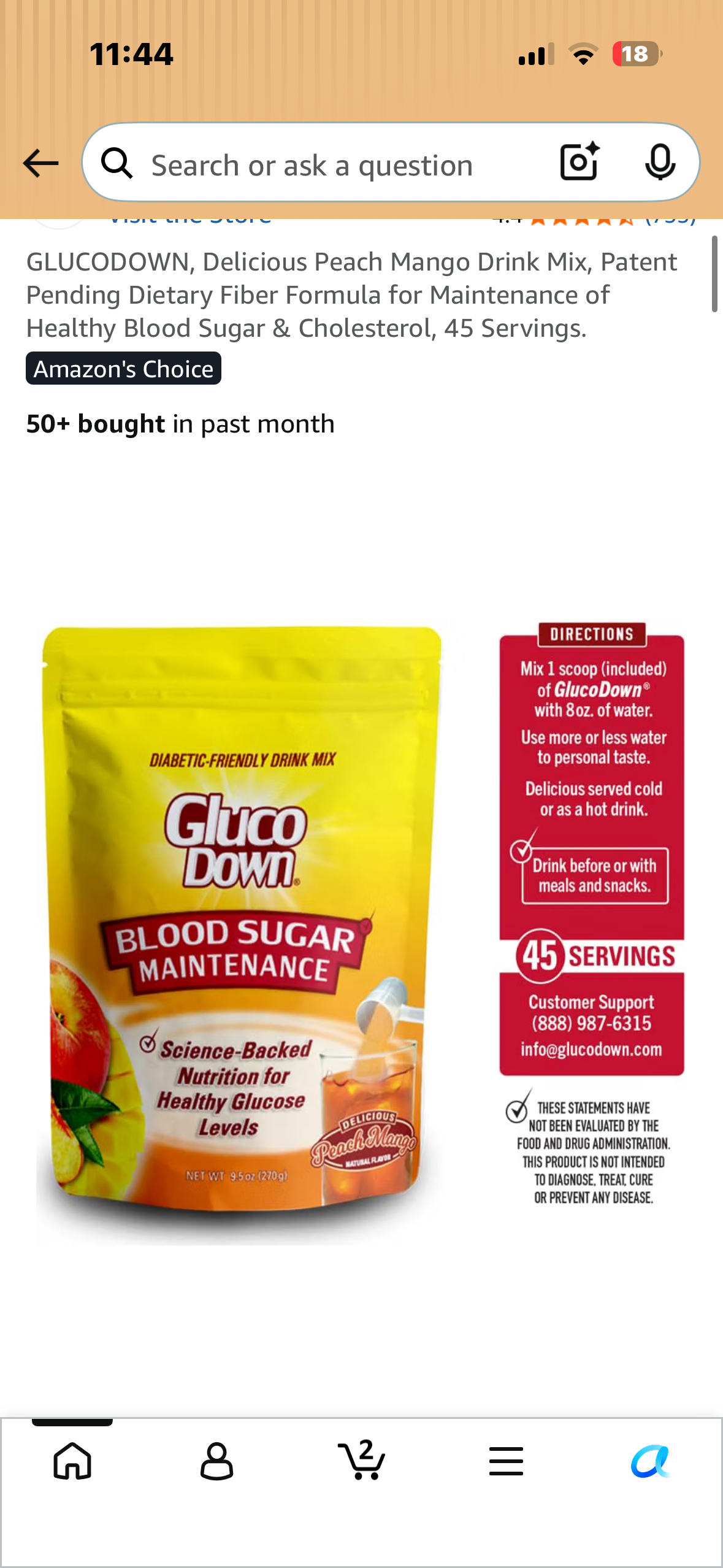 GLUCODOWN, Delicious Peach Mango Drink Mix, Patent Pending Dietary Fiber Formula for Maintenance of Healthy Blood Sugar & Cholesterol, 45 Servings.