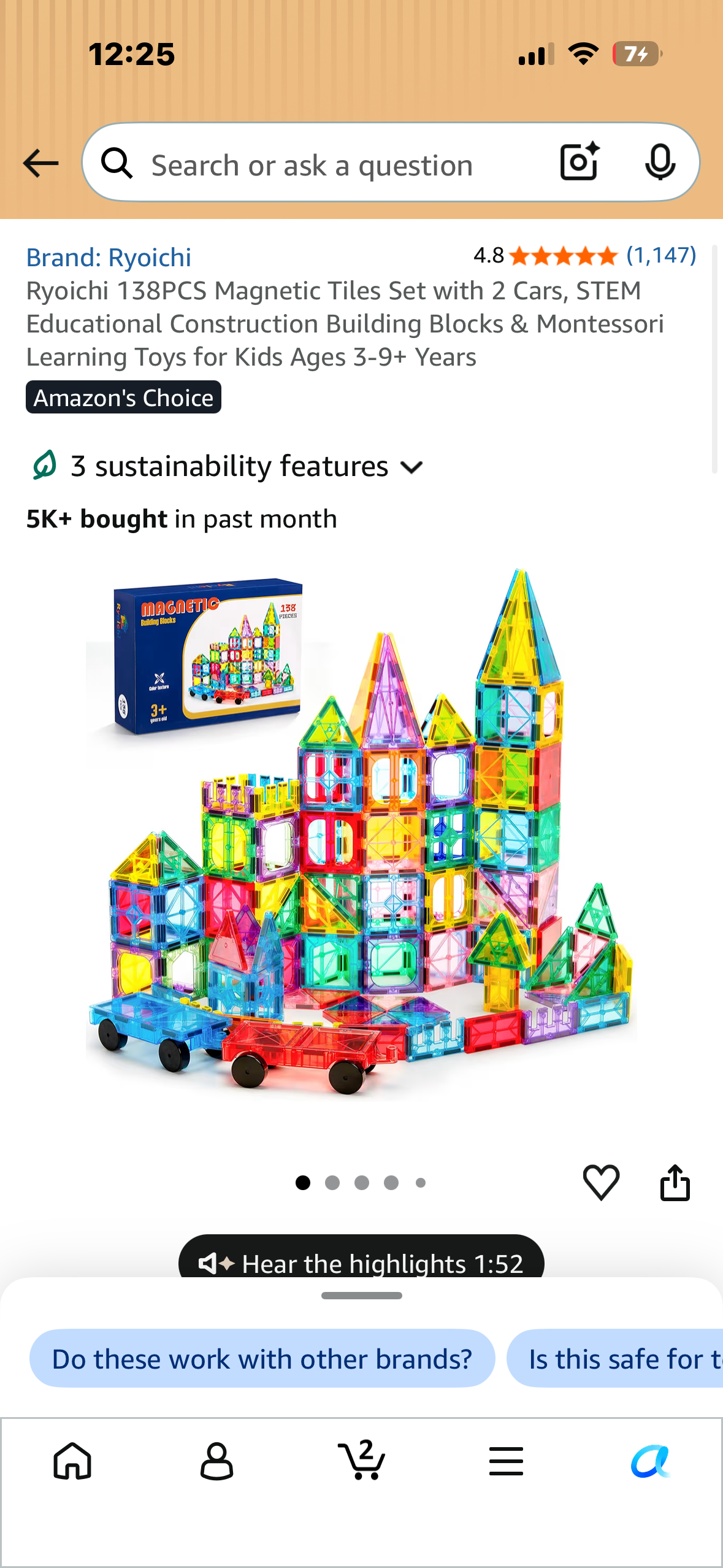 Ryoichi 138PCS Magnetic Tiles Set with 2 Cars, STEM Educational Construction Building Blocks & Montessori Learning Toys for Kids Ages 3-9+ Years