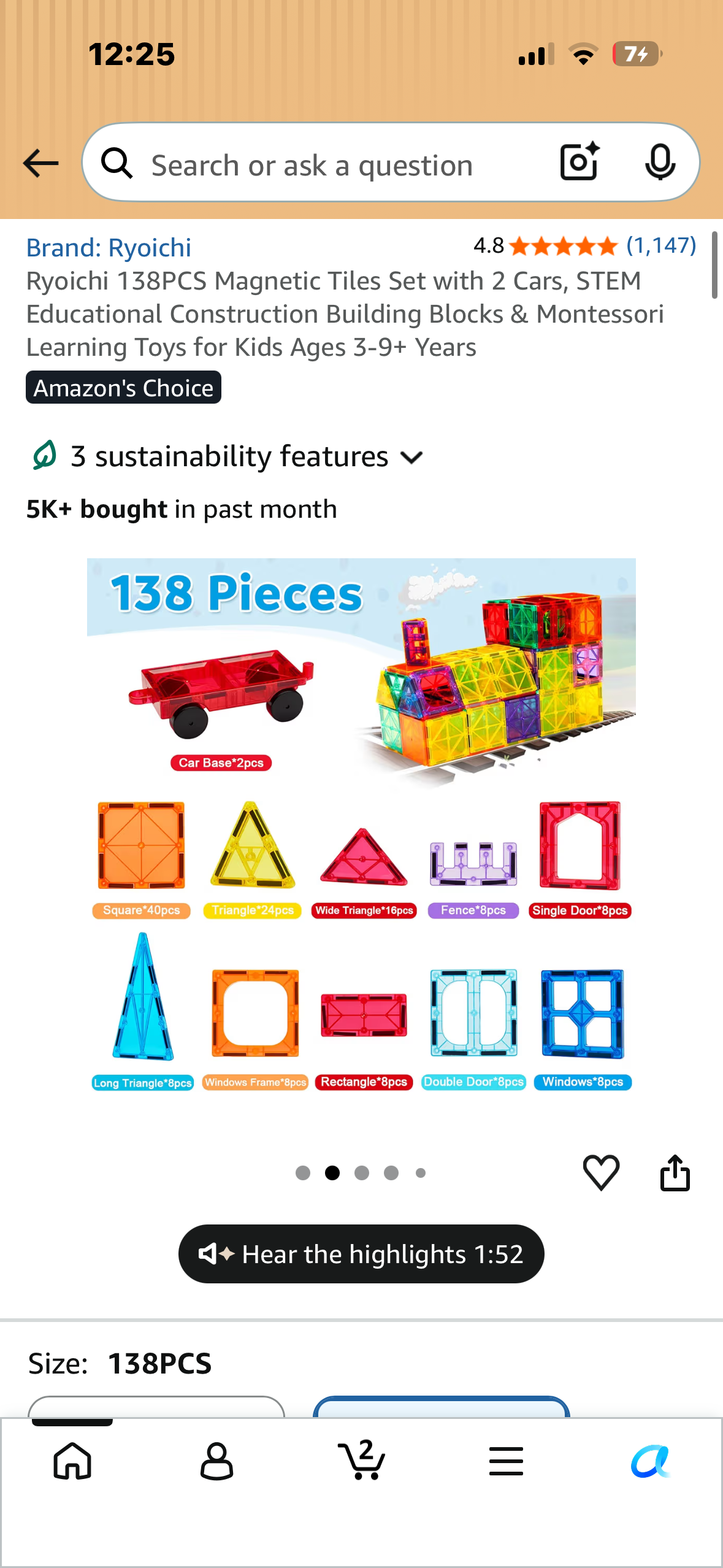 Ryoichi 138PCS Magnetic Tiles Set with 2 Cars, STEM Educational Construction Building Blocks & Montessori Learning Toys for Kids Ages 3-9+ Years