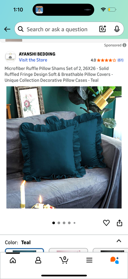 Microfiber Ruffle Pillow Shams Set of 2, 18X18 - Solid Ruffled Fringe Design Soft & Breathable Pillow Covers - Unique Collection Decorative Pillow Cases - Teal