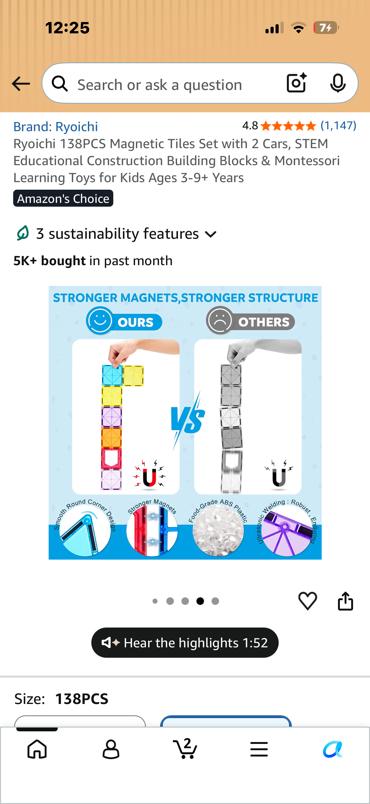 Ryoichi 138PCS Magnetic Tiles Set with 2 Cars, STEM Educational Construction Building Blocks & Montessori Learning Toys for Kids Ages 3-9+ Years