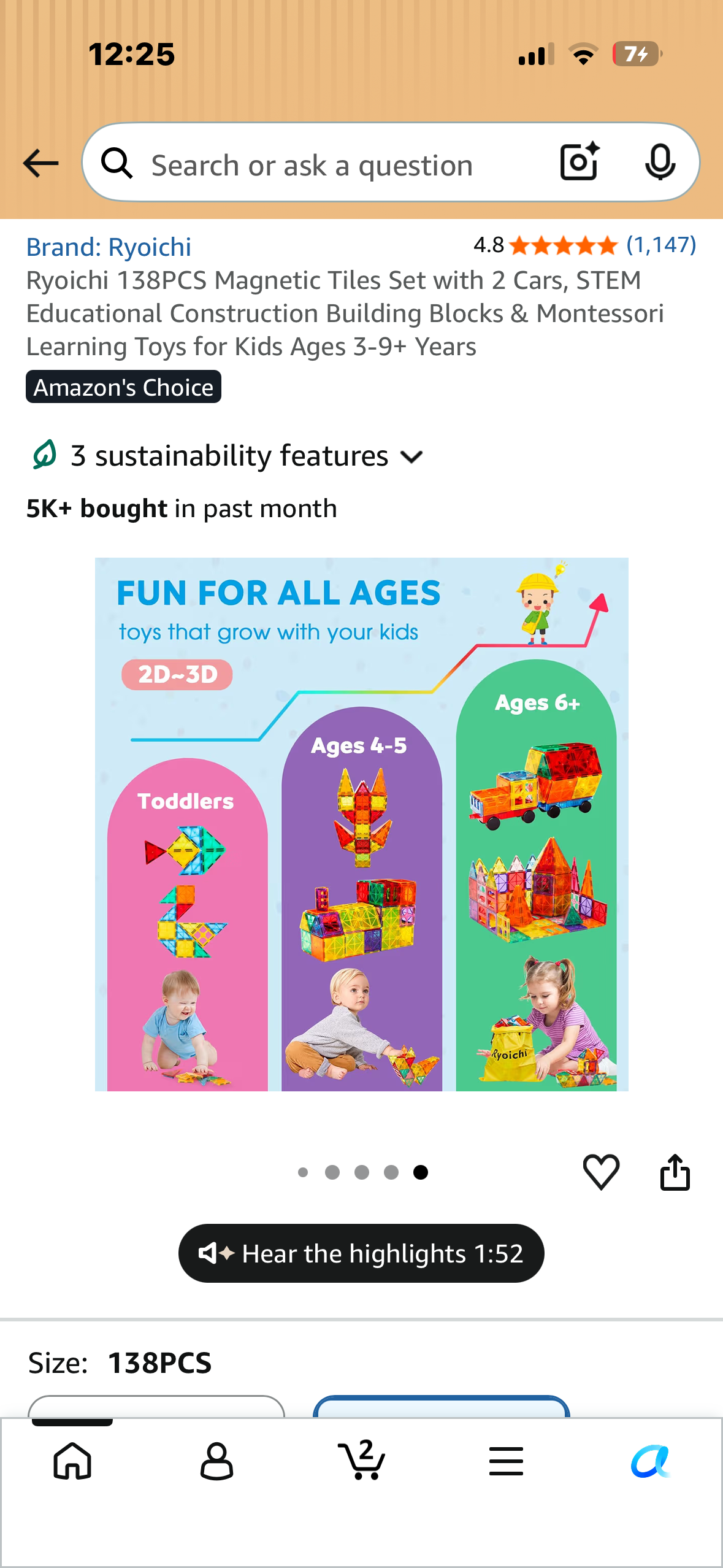 Ryoichi 138PCS Magnetic Tiles Set with 2 Cars, STEM Educational Construction Building Blocks & Montessori Learning Toys for Kids Ages 3-9+ Years