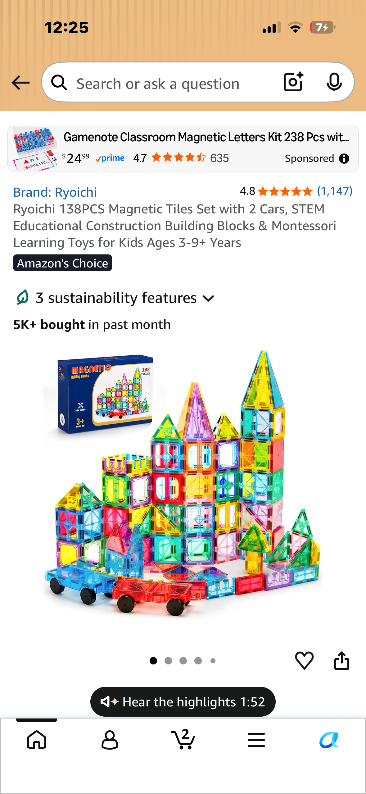 Ryoichi 138PCS Magnetic Tiles Set with 2 Cars, STEM Educational Construction Building Blocks & Montessori Learning Toys for Kids Ages 3-9+ Years