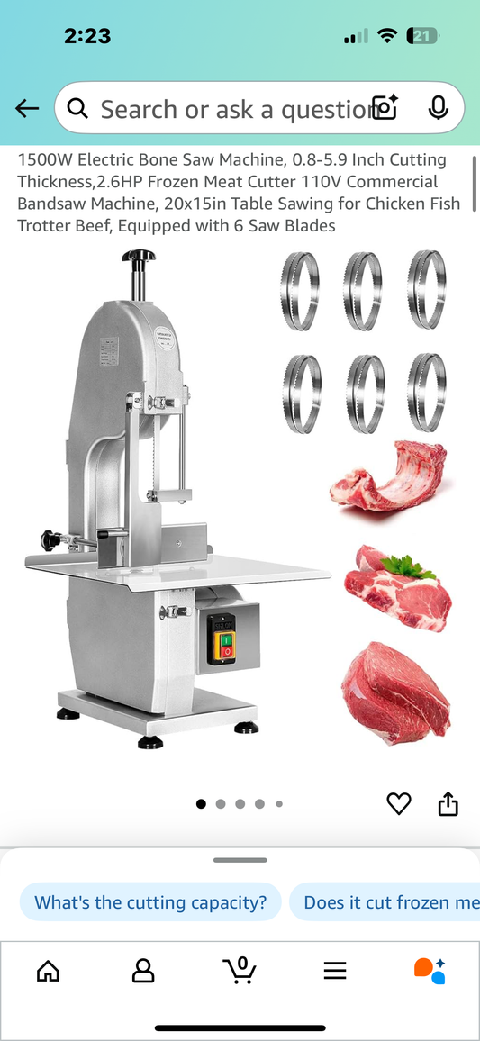 1500W Electric Bone Saw Machine, 0.8-5.9 Inch Cutting Thickness,2.6HP Frozen Meat Cutter 110V Commercial Bandsaw Machine, 20”x25” Table Saw for Chicken, Fish, Beef, Equipped with 6 Saw Blades (R678)