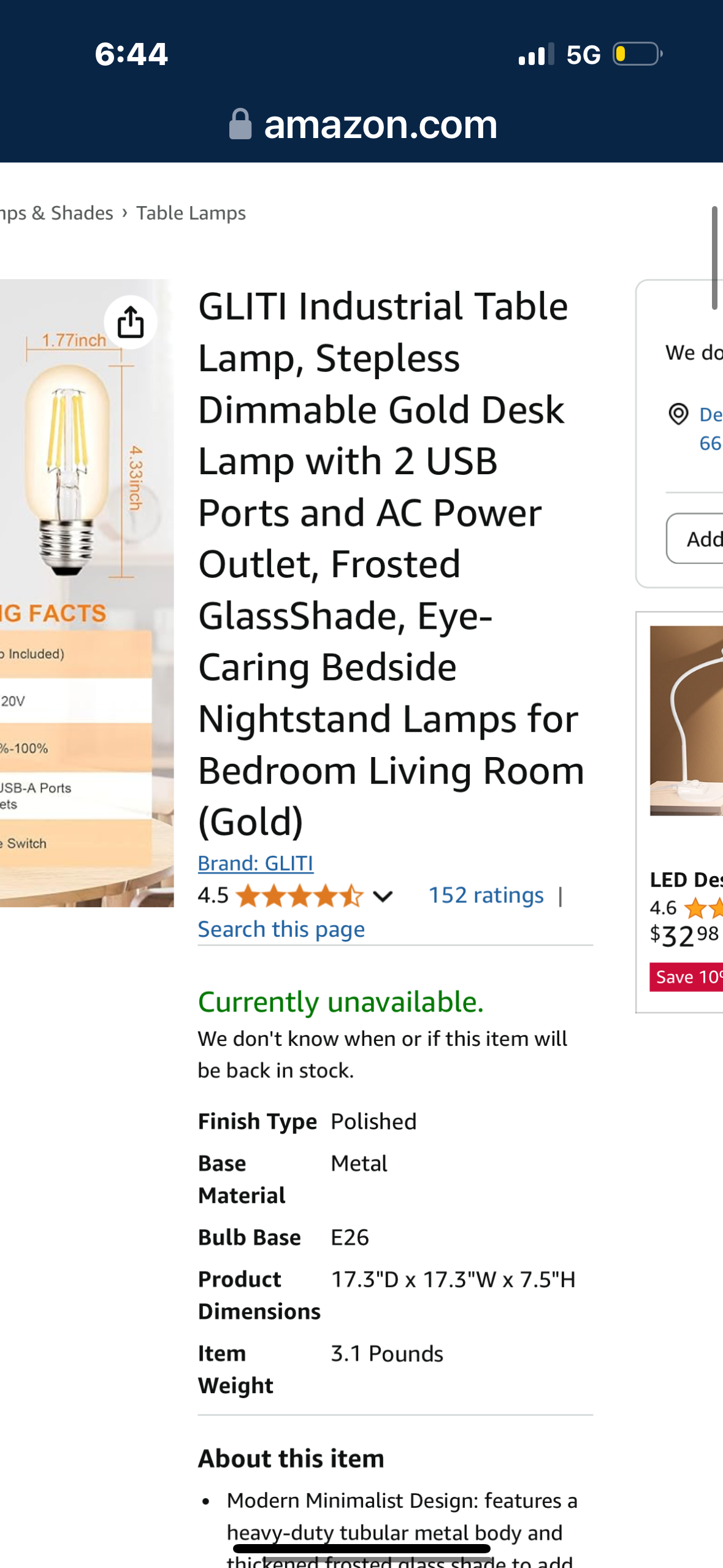 GLITI Industrial Table Lamp, Stepless Dimmable Gold Desk Lamp with 2 USB Ports and AC Power Outlet, Frosted GlassShade, Eye-Caring Bedside Nightstand Lamps for Bedroom Living Room (Gold)