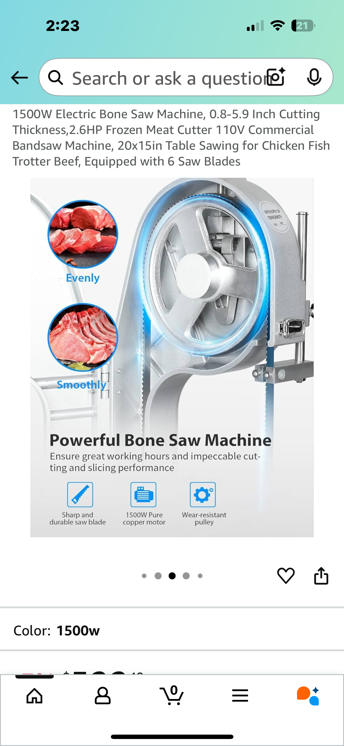 1500W Electric Bone Saw Machine, 0.8-5.9 Inch Cutting Thickness,2.6HP Frozen Meat Cutter 110V Commercial Bandsaw Machine, 20”x25” Table Saw for Chicken, Fish, Beef, Equipped with 6 Saw Blades (R678)