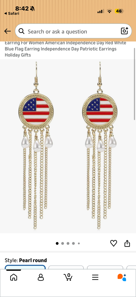 American 4th of July Long Flag Star Heart Round Pearl Tassel Earring For Women American Independence Day Red White Blue Flag Earring Independence Day Patriotic Earrings Holiday Gifts