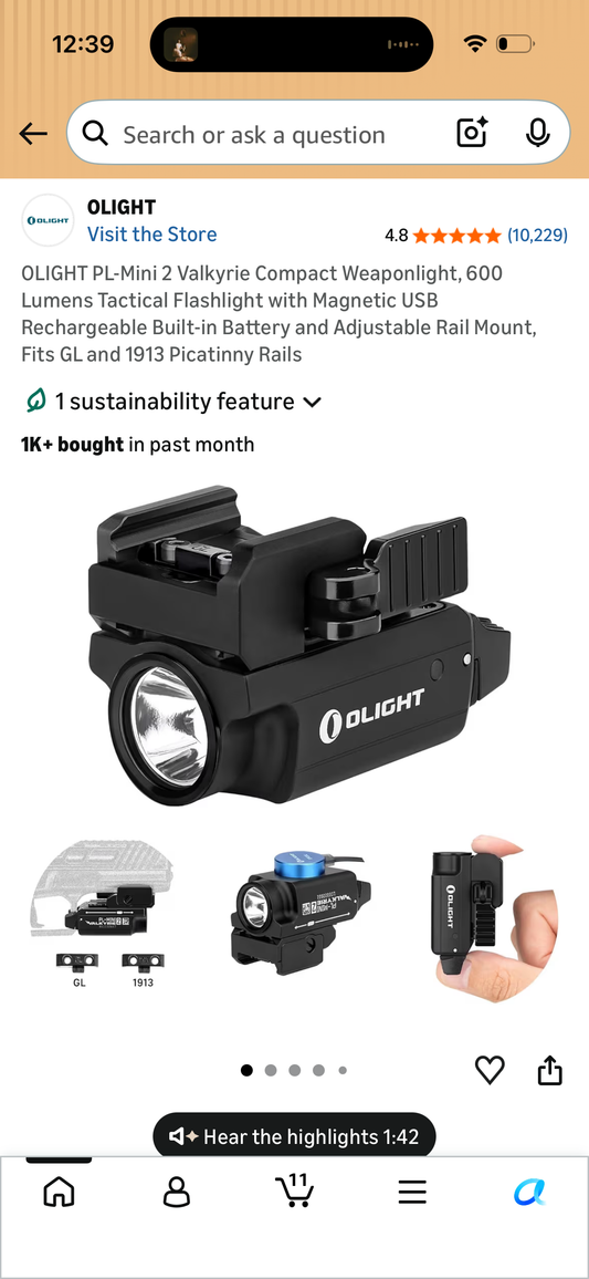 OLIGHT PL-Mini 2 Valkyrie Compact Weaponlight, 600 Lumens Tactical Flashlight with Magnetic USB Rechargeable Built-in Battery and Adjustable Rail Mount, Fits GL and 1913 Picatinny Rails