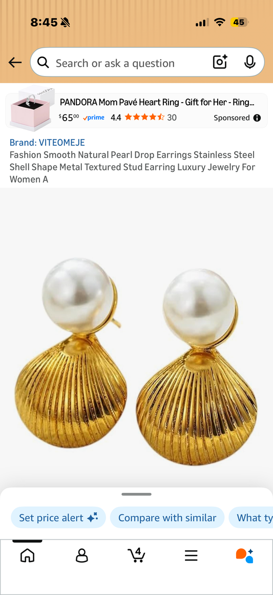 Fashion Smooth Natural Pearl Drop Earrings Stainless Steel Shell Shape Metal Textured Stud Earring Luxury Jewelry For Women A