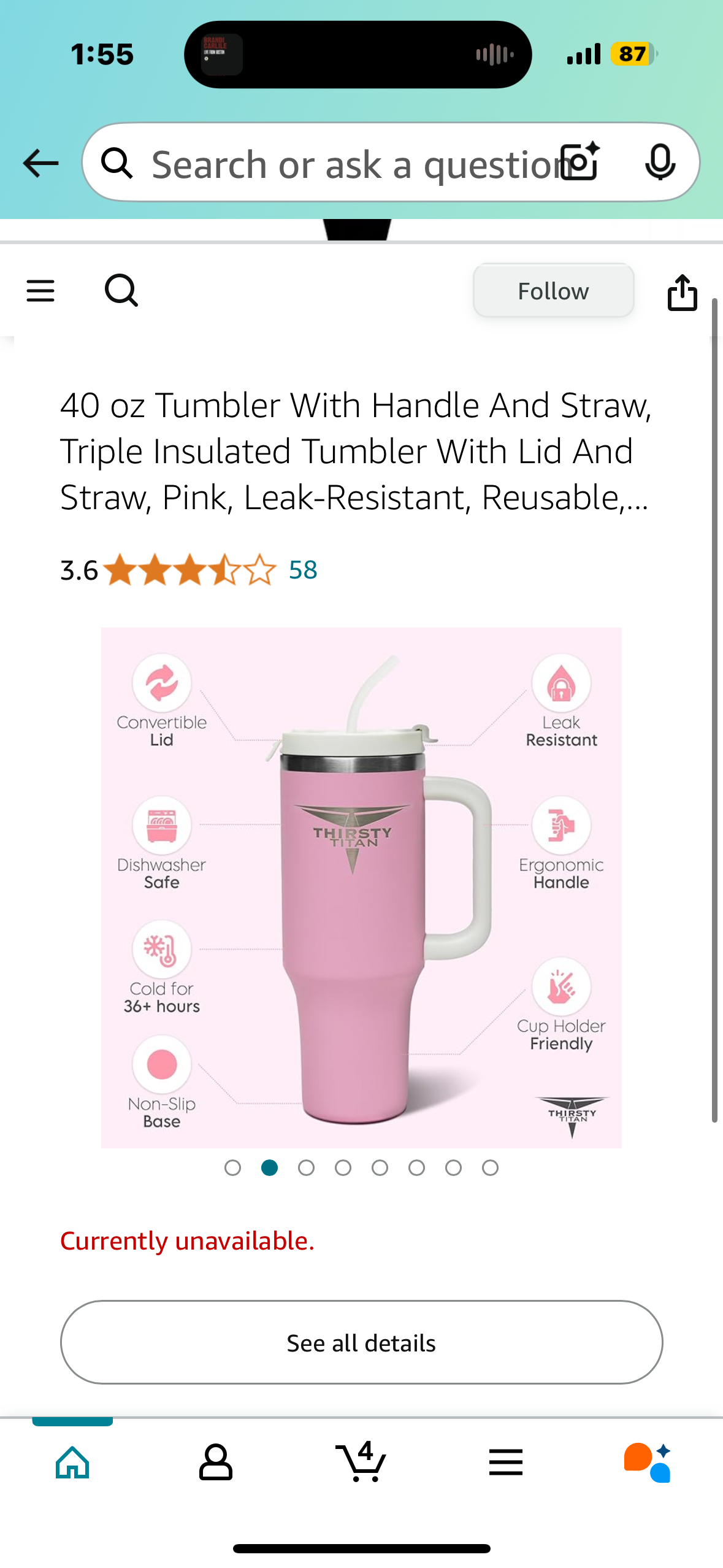 40 oz Tumbler With Handle And Straw, Triple Insulated Tumbler With Lid And Straw, Pink, Leak-Resistant, Reusable, Fits Cupholders, Eco-Friendly, Rubber Grip - For Gym, Office, Travel | Thirsty Titan