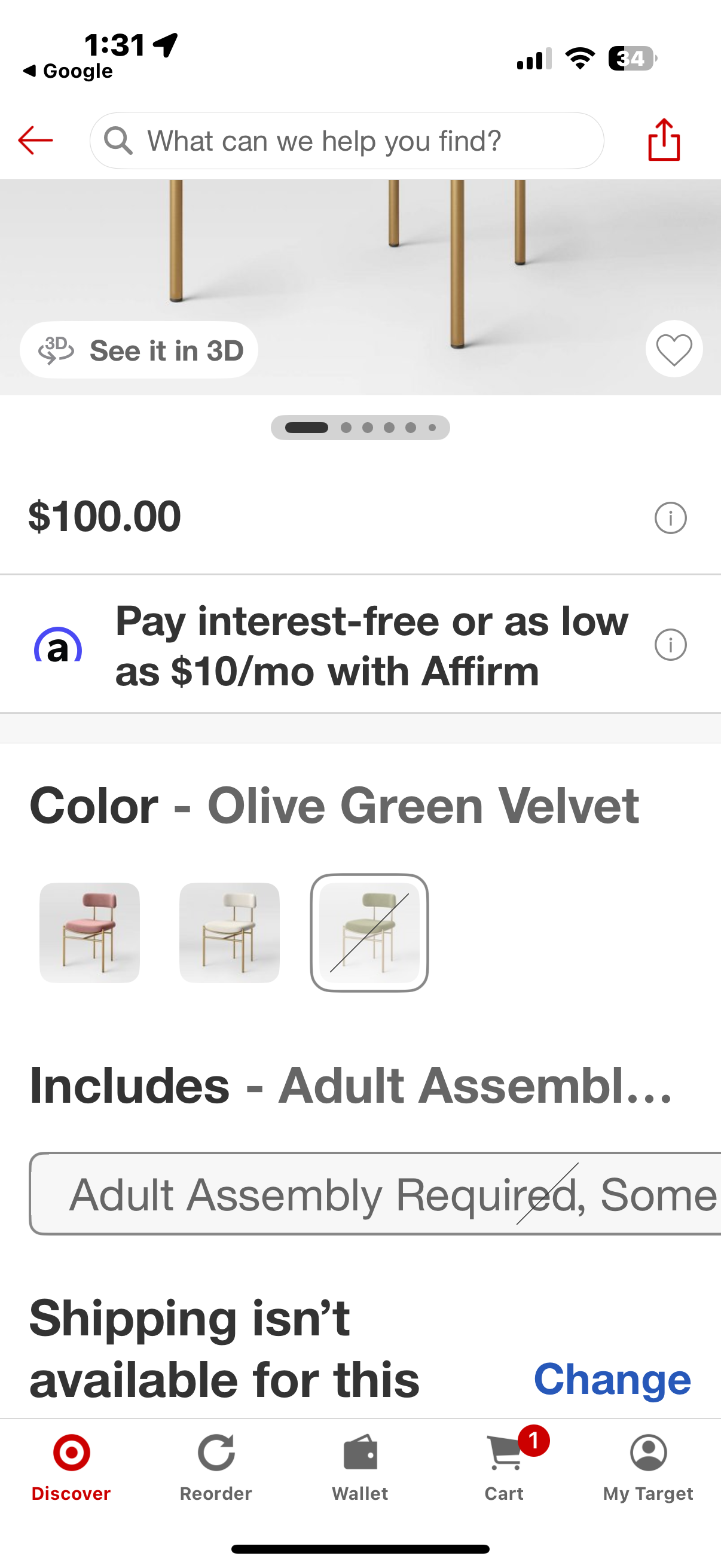 Orion Luxe Chair with Brass Legs Olive Green Velvet - Threshold™