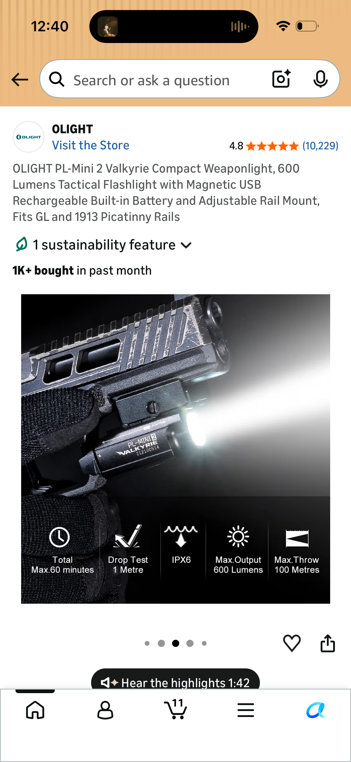 OLIGHT PL-Mini 2 Valkyrie Compact Weaponlight, 600 Lumens Tactical Flashlight with Magnetic USB Rechargeable Built-in Battery and Adjustable Rail Mount, Fits GL and 1913 Picatinny Rails