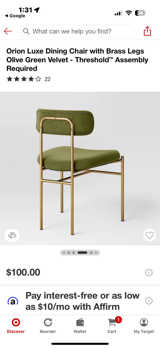 Orion Luxe Chair with Brass Legs Olive Green Velvet - Threshold™