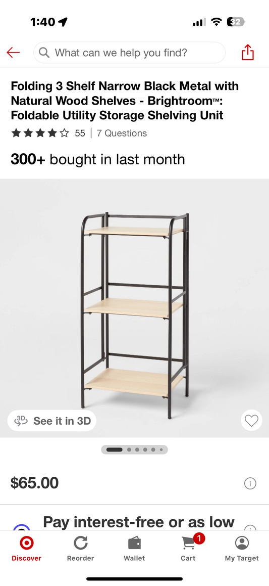 Folding 3 Shelf Narrow Black Metal with Natural Wood Shelves - Brightroom™: Foldable Utility Storage Shelving Unit