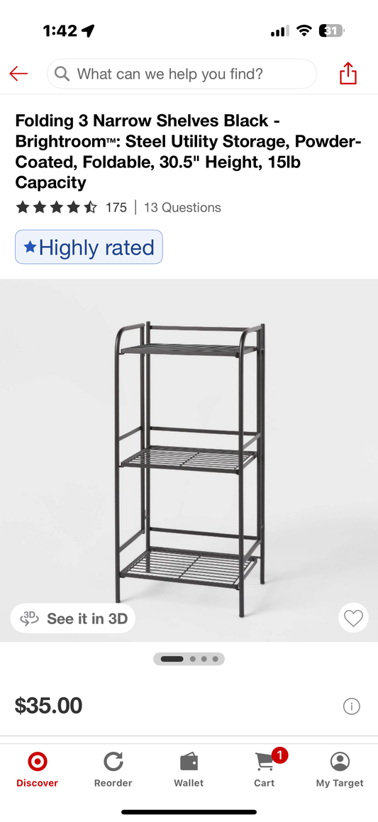 Folding 3 Narrow Shelves Black - Brightroom™: Steel Utility Storage, Powder-Coated, Foldable, 30.5" Height, 15lb Capacity