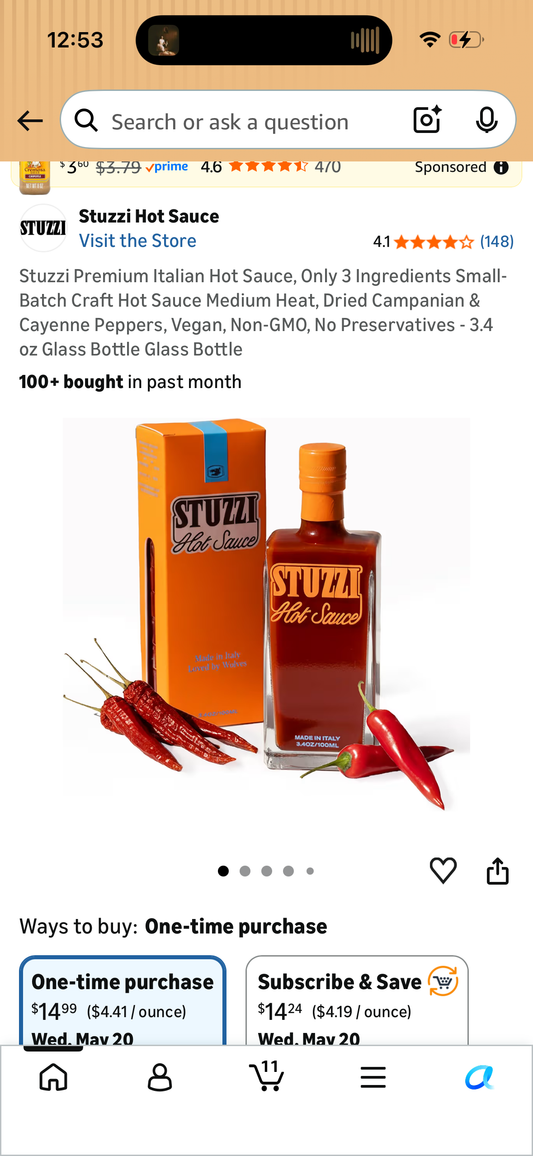 Stuzzi Premium Italian Hot Sauce, Only 3 Ingredients Small-Batch Craft Hot Sauce Medium Heat, Dried Campanian & Cayenne Peppers, Vegan, Non-GMO, No Preservatives - 3.4 oz Glass Bottle Glass Bottle