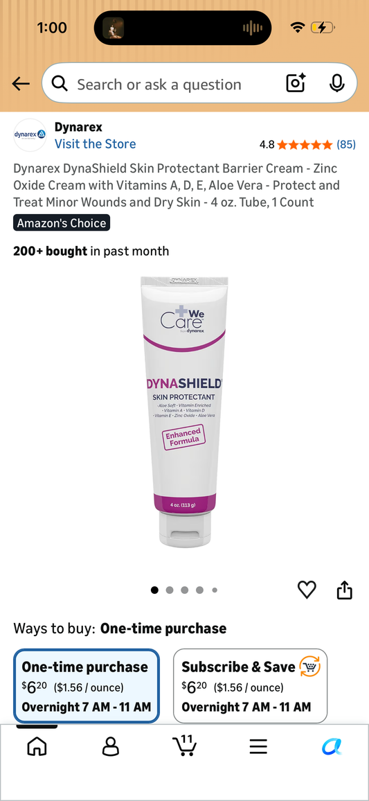 Dynarex DynaShield Skin Protectant Barrier Cream - Zinc Oxide Cream with Vitamins A, D, E, Aloe Vera - Protect and Treat Minor Wounds and Dry Skin - 4 oz. Tube, 1 Count