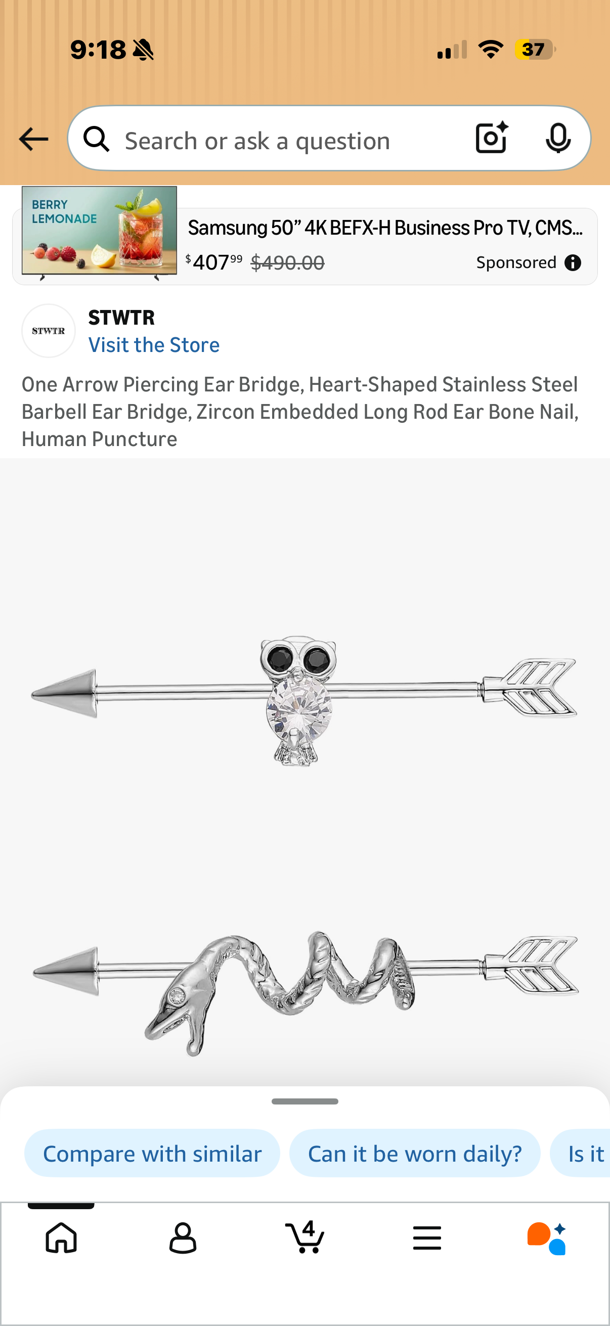 One Arrow Piercing Ear Bridge, Heart-Shaped Stainless Steel Barbell Ear Bridge, Zircon Embedded Long Rod Ear Bone Nail, Human Puncture