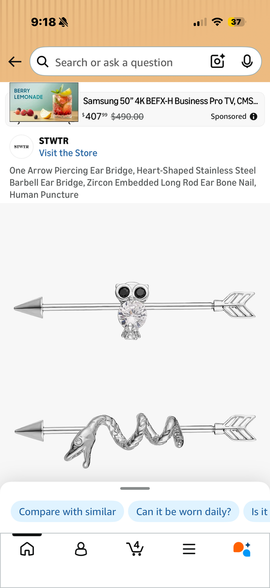 One Arrow Piercing Ear Bridge, Heart-Shaped Stainless Steel Barbell Ear Bridge, Zircon Embedded Long Rod Ear Bone Nail, Human Puncture