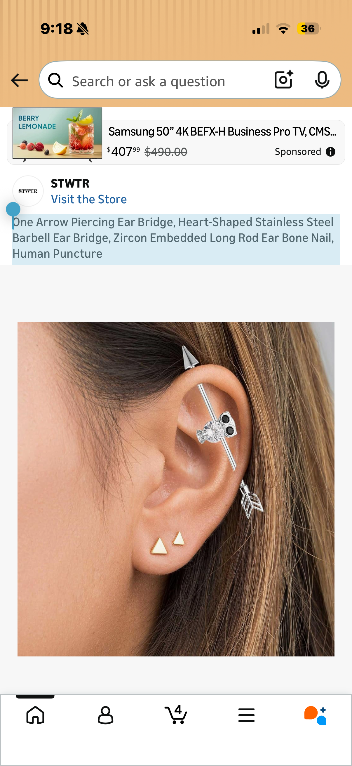 One Arrow Piercing Ear Bridge, Heart-Shaped Stainless Steel Barbell Ear Bridge, Zircon Embedded Long Rod Ear Bone Nail, Human Puncture