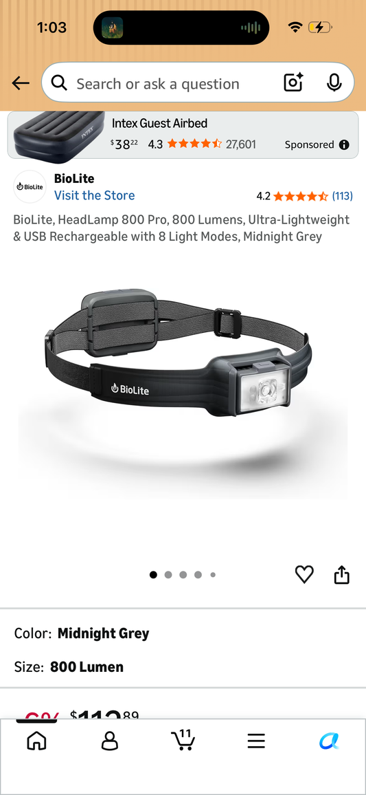 BioLite, HeadLamp 800 Pro, 800 Lumens, Ultra-Lightweight & USB Rechargeable with 8 Light Modes, Midnight Grey