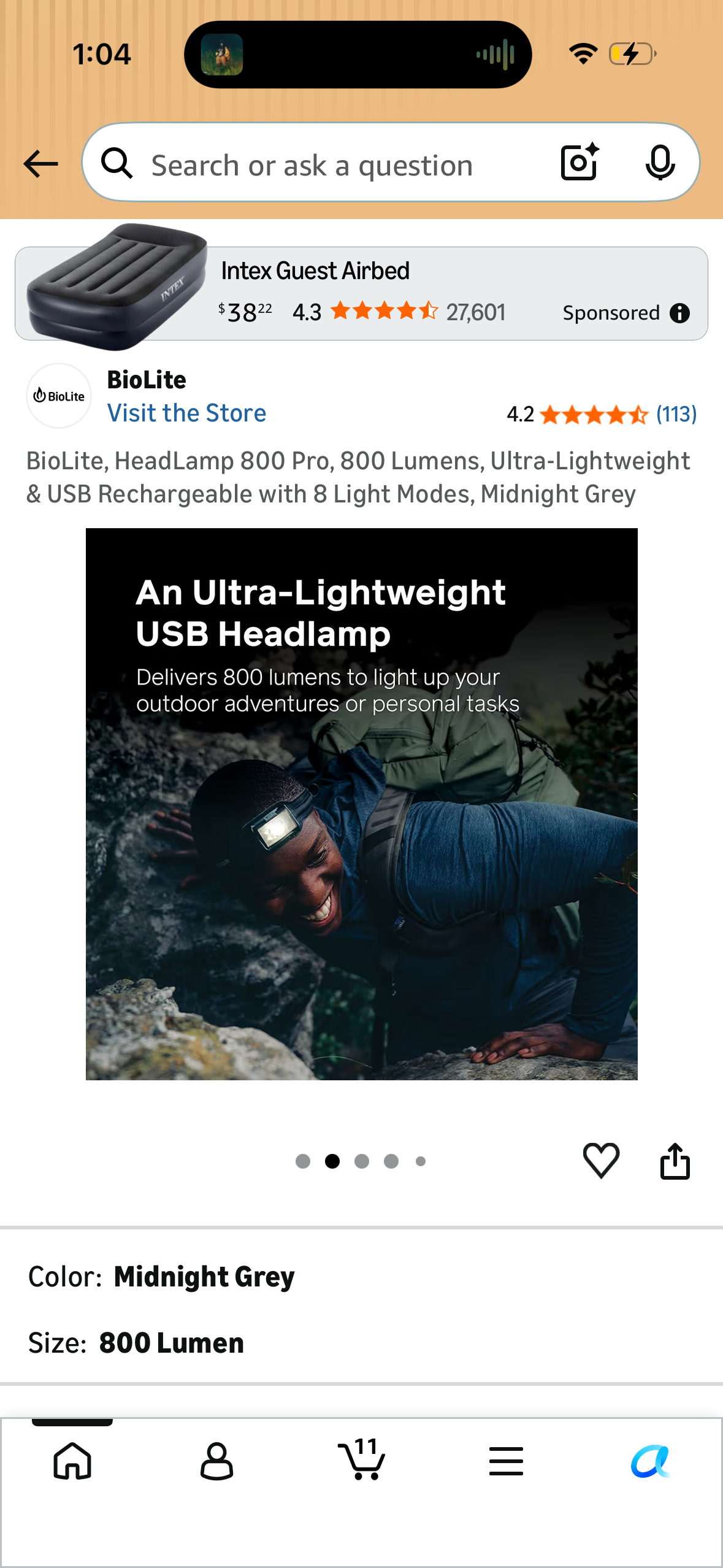 BioLite, HeadLamp 800 Pro, 800 Lumens, Ultra-Lightweight & USB Rechargeable with 8 Light Modes, Midnight Grey