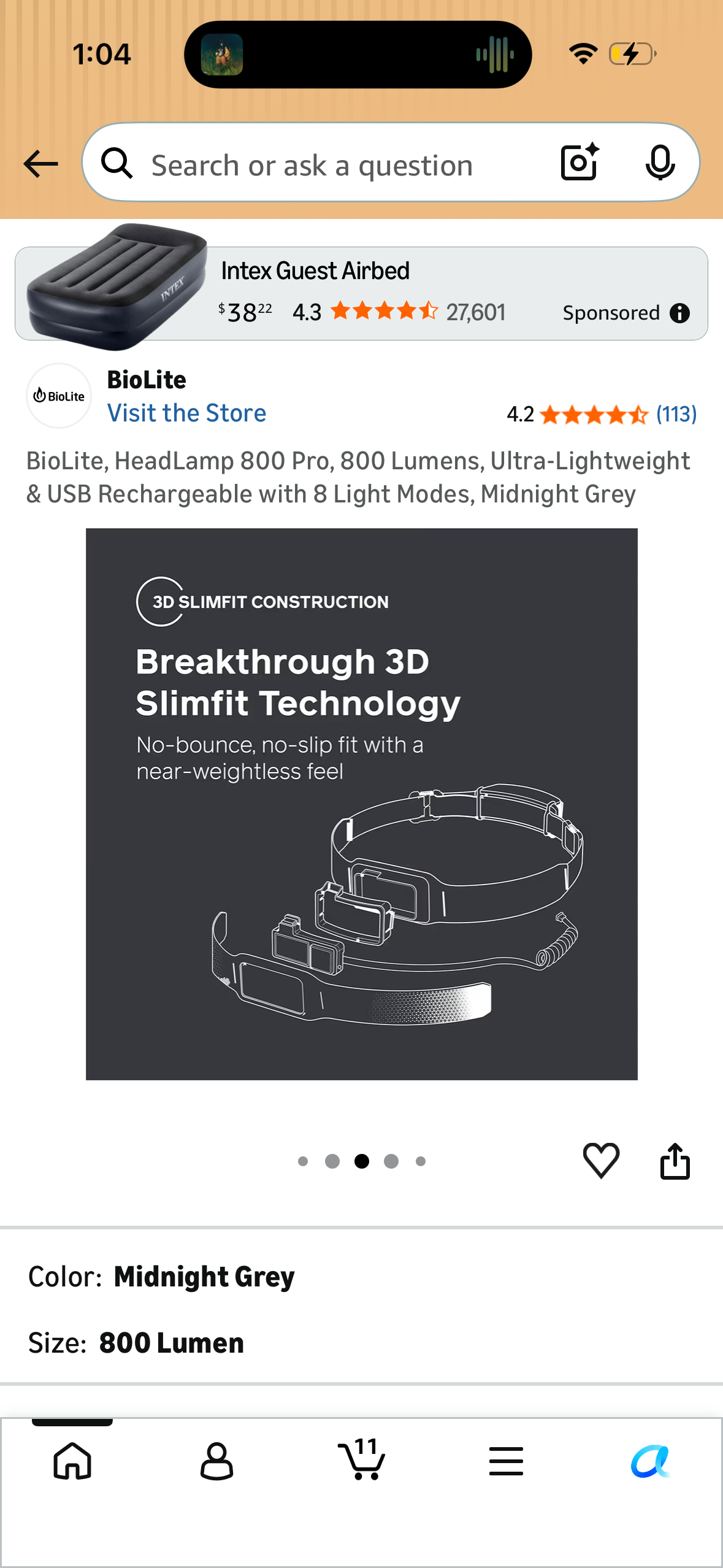 BioLite, HeadLamp 800 Pro, 800 Lumens, Ultra-Lightweight & USB Rechargeable with 8 Light Modes, Midnight Grey