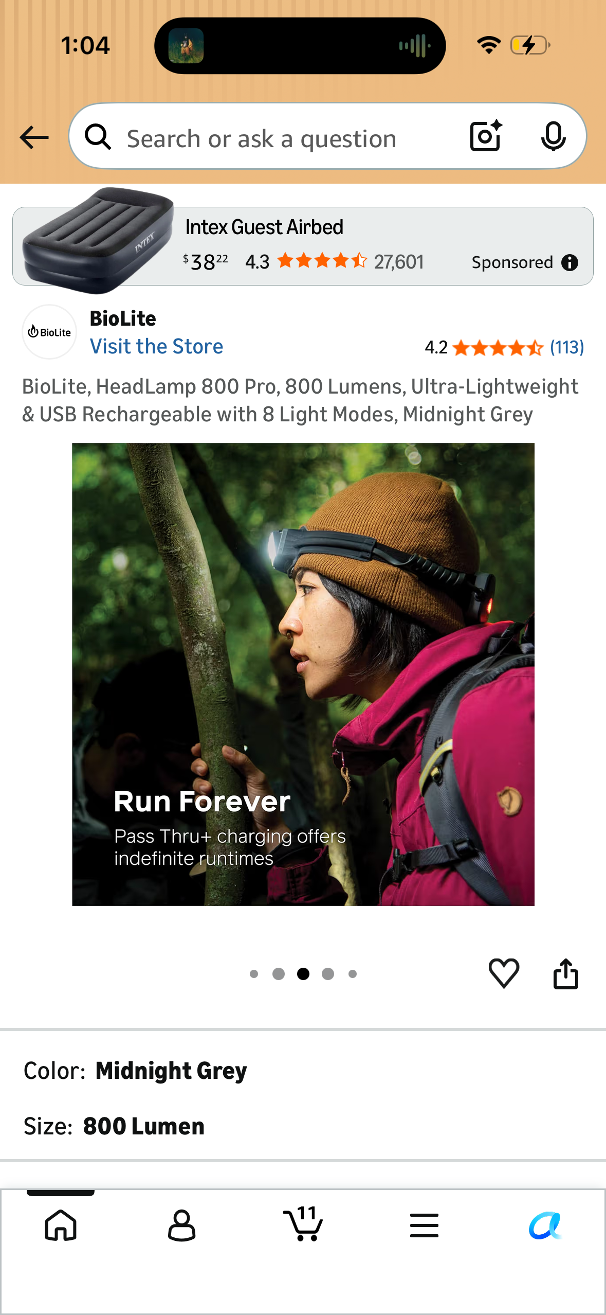 BioLite, HeadLamp 800 Pro, 800 Lumens, Ultra-Lightweight & USB Rechargeable with 8 Light Modes, Midnight Grey