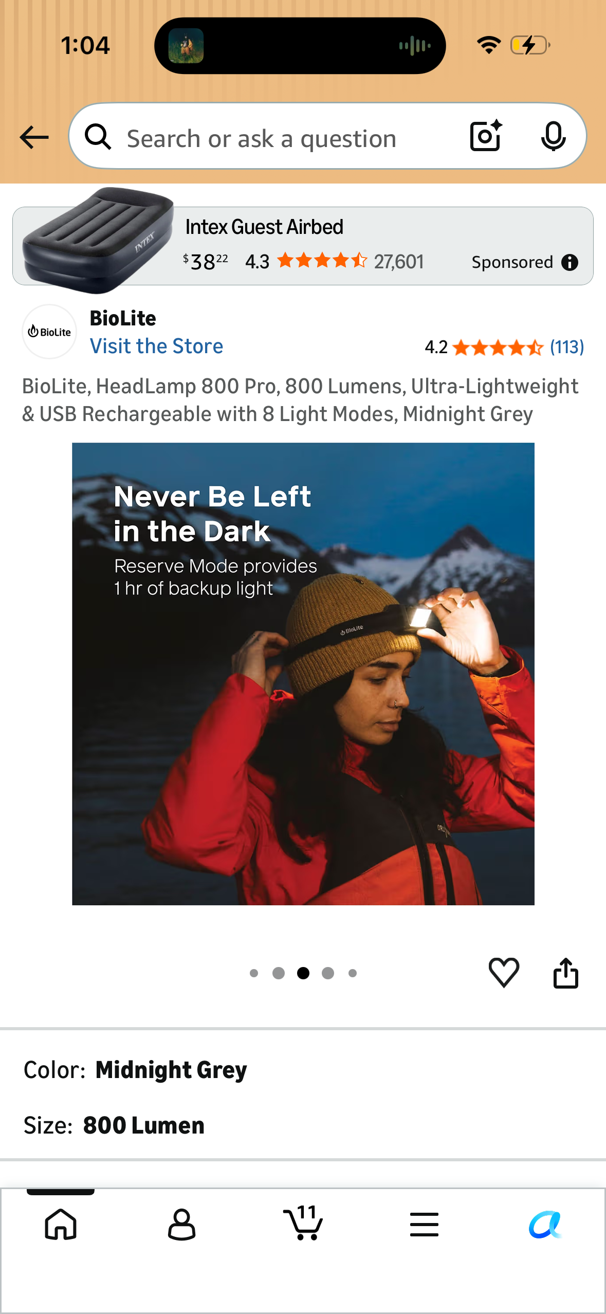 BioLite, HeadLamp 800 Pro, 800 Lumens, Ultra-Lightweight & USB Rechargeable with 8 Light Modes, Midnight Grey