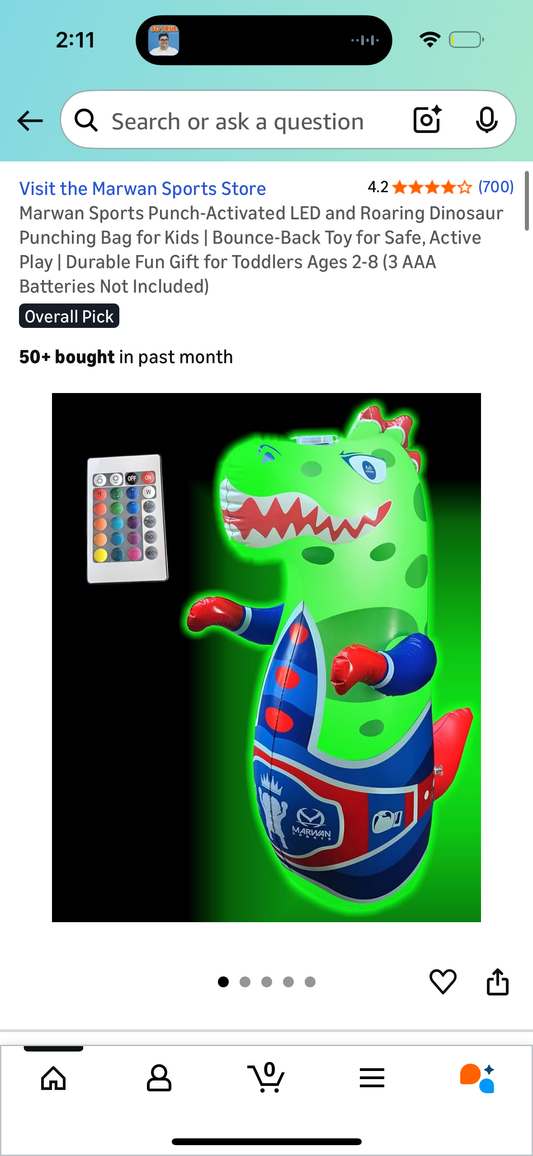 Marwan Sports Punch-Activated LED and Roaring Dinosaur Punching Bag for Kids | Bounce-Back Toy for Safe, Active Play | Durable Fun Gift for Toddlers Ages 2-8 (3 AAA Batteries Not Included)