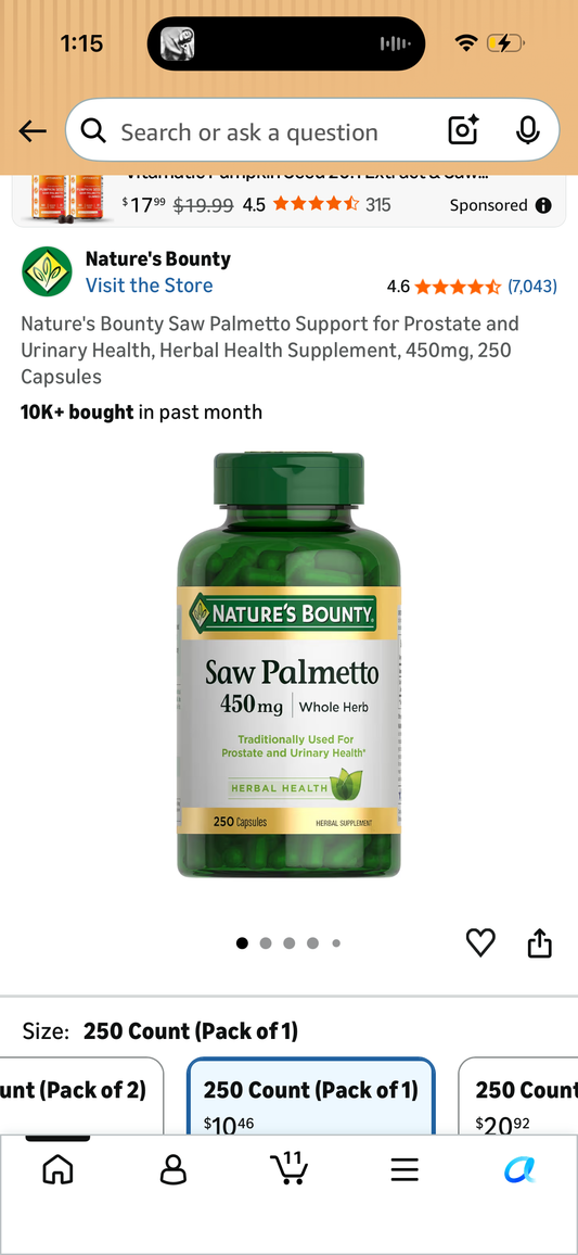 Nature's Bounty Saw Palmetto Support for Prostate and Urinary Health, Herbal Health Supplement, 450mg, 250 Capsules