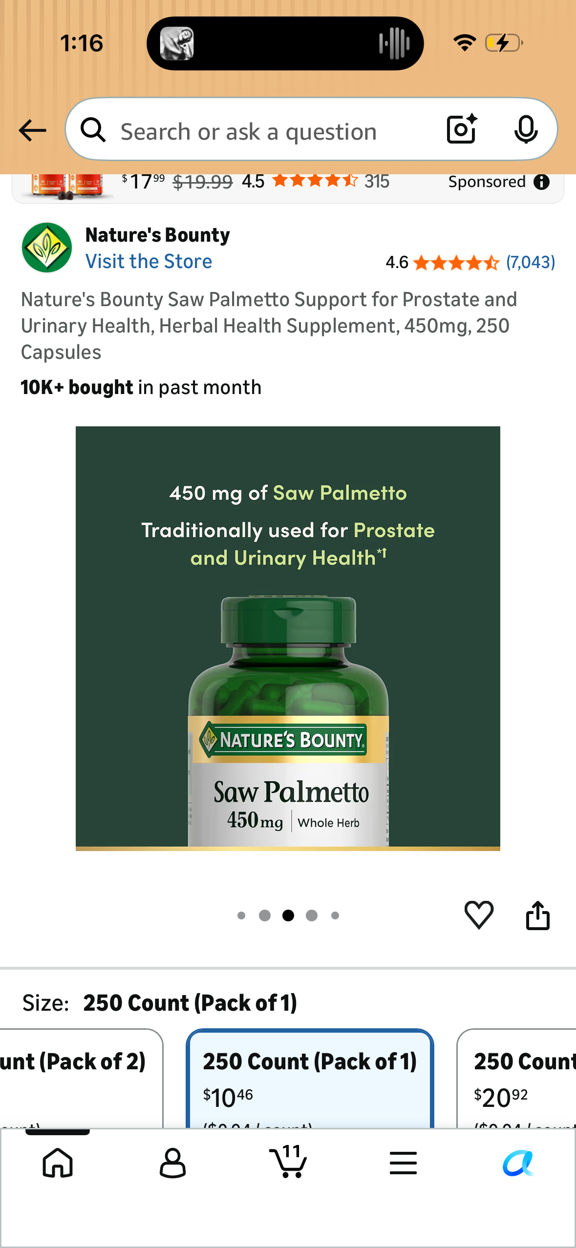 Nature's Bounty Saw Palmetto Support for Prostate and Urinary Health, Herbal Health Supplement, 450mg, 250 Capsules