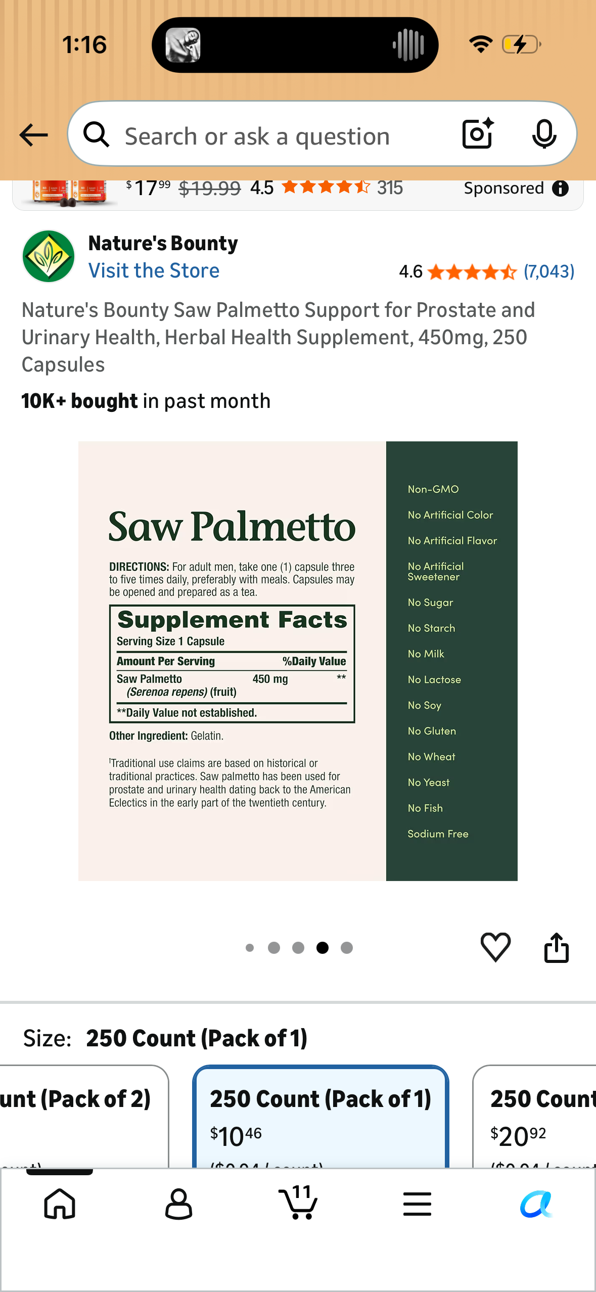 Nature's Bounty Saw Palmetto Support for Prostate and Urinary Health, Herbal Health Supplement, 450mg, 250 Capsules