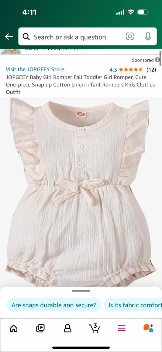 JOPGEEY Baby Girl Romper Fall Toddler Girl Romper, Cute One-piece Snap up Cotton Linen Infant Rompers Kids Clothes Outfit