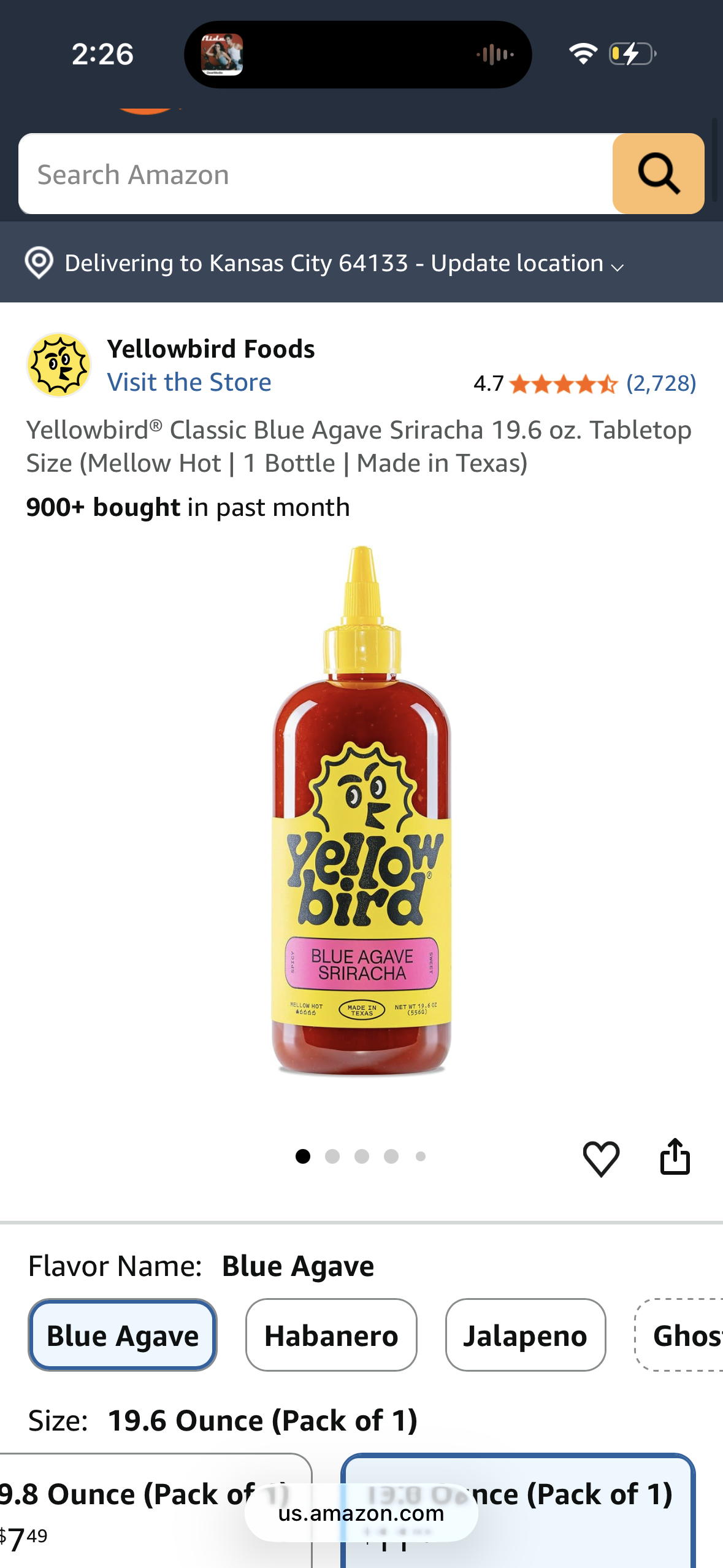 Yellowbird® Classic Blue Agave Sriracha 19.6 oz. Tabletop Size (Mellow Hot | 1 Bottle | Made in Texas)