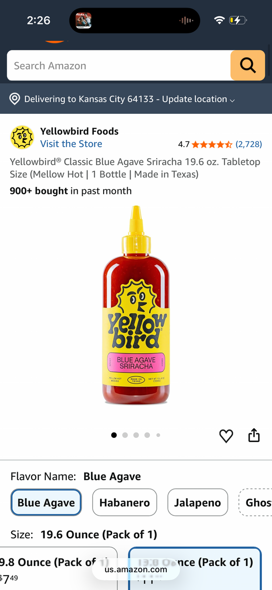 Yellowbird® Classic Blue Agave Sriracha 19.6 oz. Tabletop Size (Mellow Hot | 1 Bottle | Made in Texas)